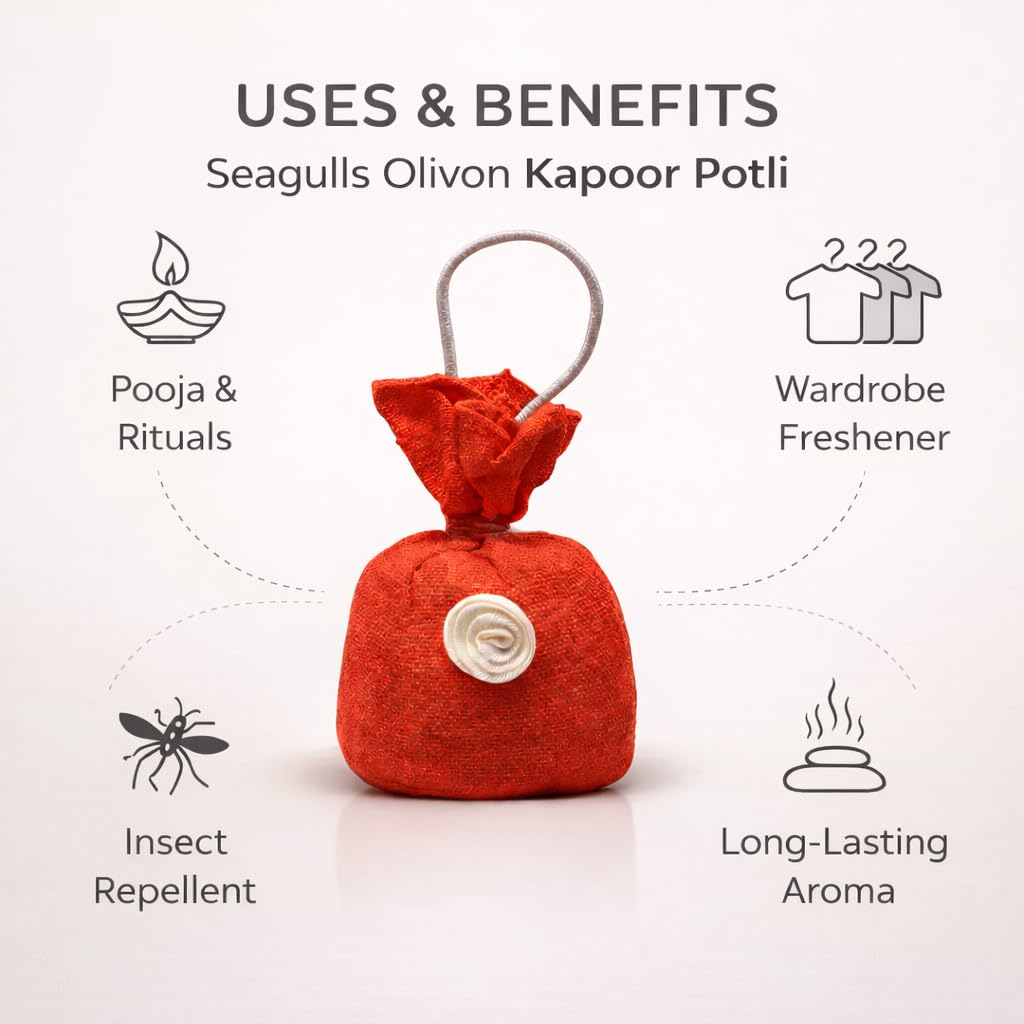 Seagulls Olivon Kapoor Potli | 50g | Pure Camphor Potli for Pooja, Wardrobe & Air Freshening | Helps Repel Insects Naturally | Ready to Hang
