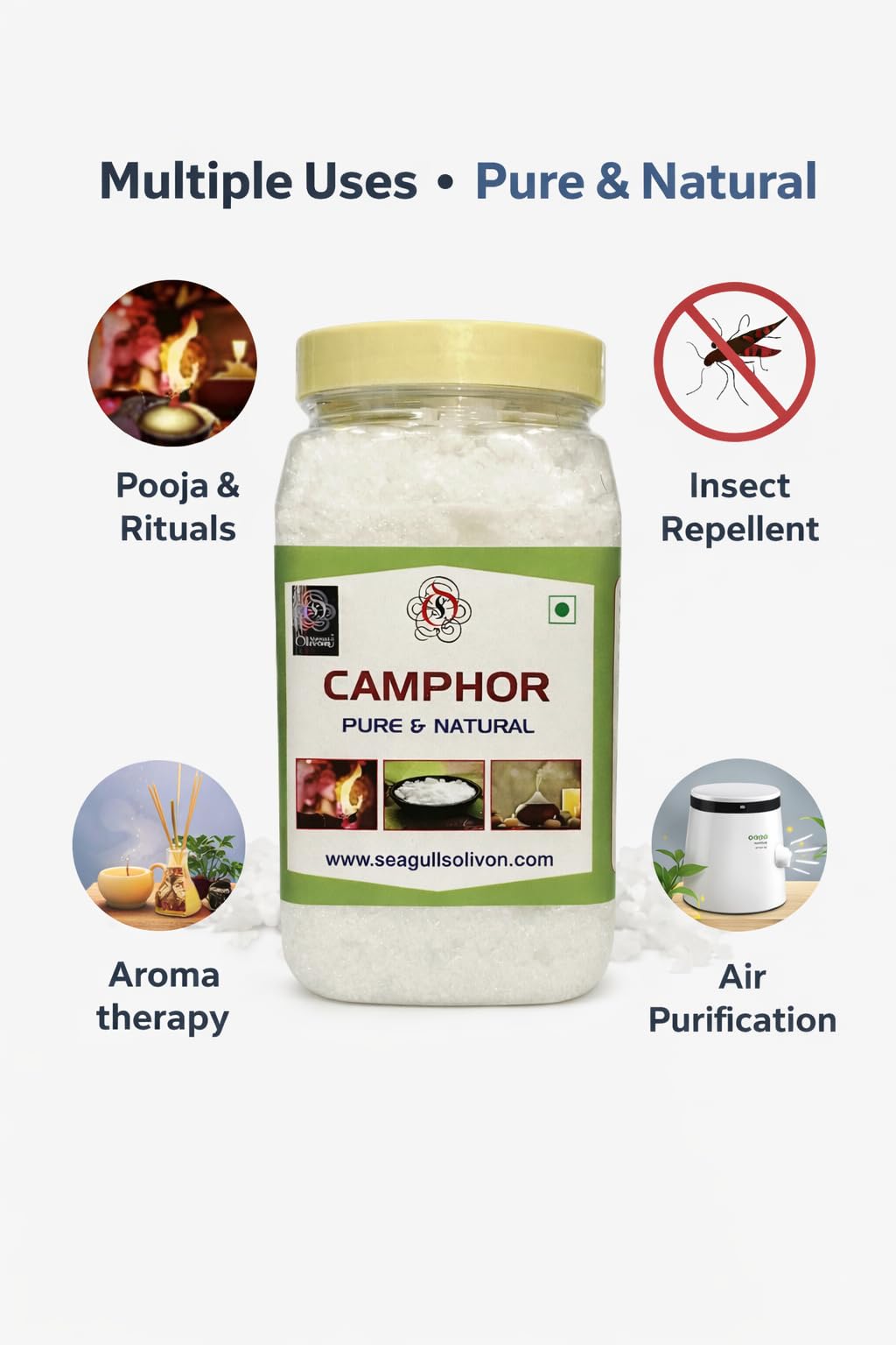 Seagulls Olivon Pure Camphor 400g | 100% Natural Kapur for Pooja, Aromatherapy, Insect Repellent & Air Purification