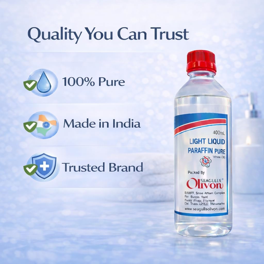 Seagulls Olivon Light Liquid Paraffin (White Oil) | 400ml | 100% Pure & Natural | Moisturizing Mineral Oil for Dry, Sensitive Skin | Softens, Protects & Rehydrates Skin | For Body Care | LLP