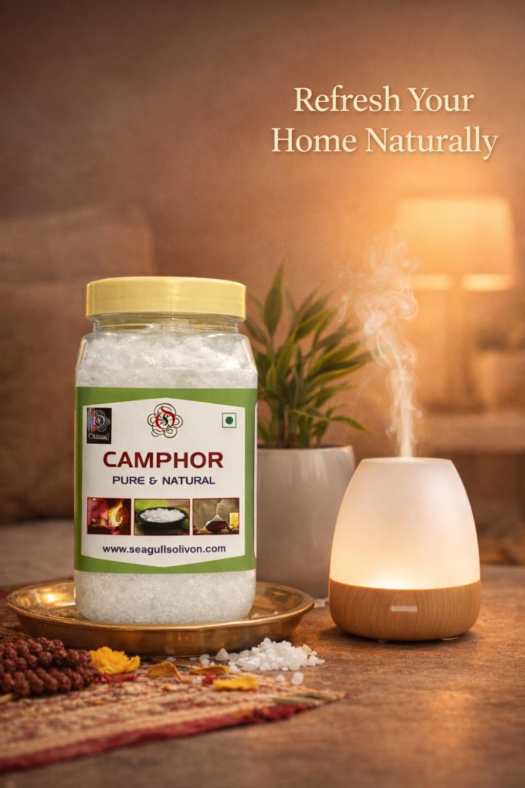 Seagulls Olivon Pure Camphor 400g | 100% Natural Kapur for Pooja, Aromatherapy, Insect Repellent & Air Purification