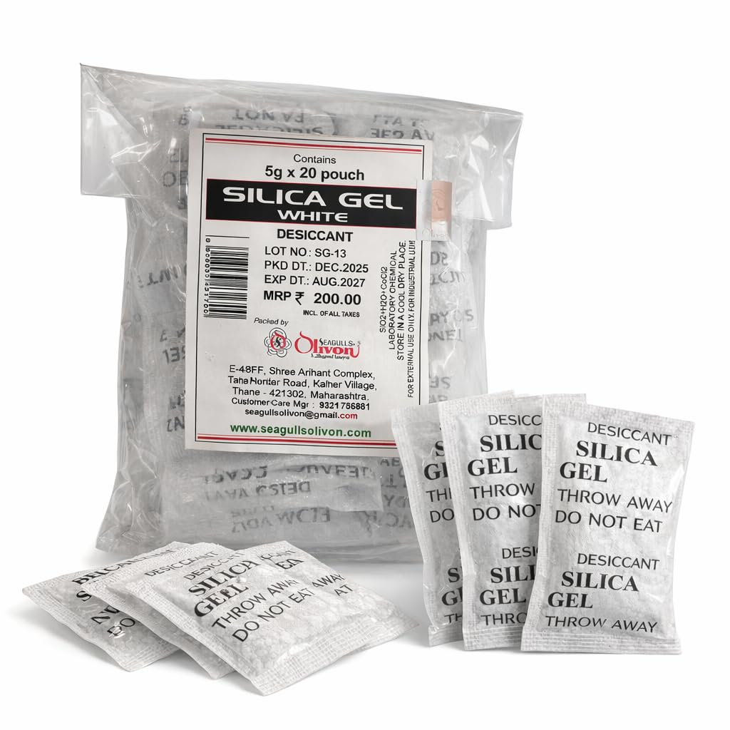 Seagulls Olivon White Silica Gel Desiccant | 5g x 20 Pouches (100g) | Moisture Absorber for Storage, Packaging, Electronics, Shoes & Closets, Flower Drying to Dry Flowers & Craft | Industrial Grade