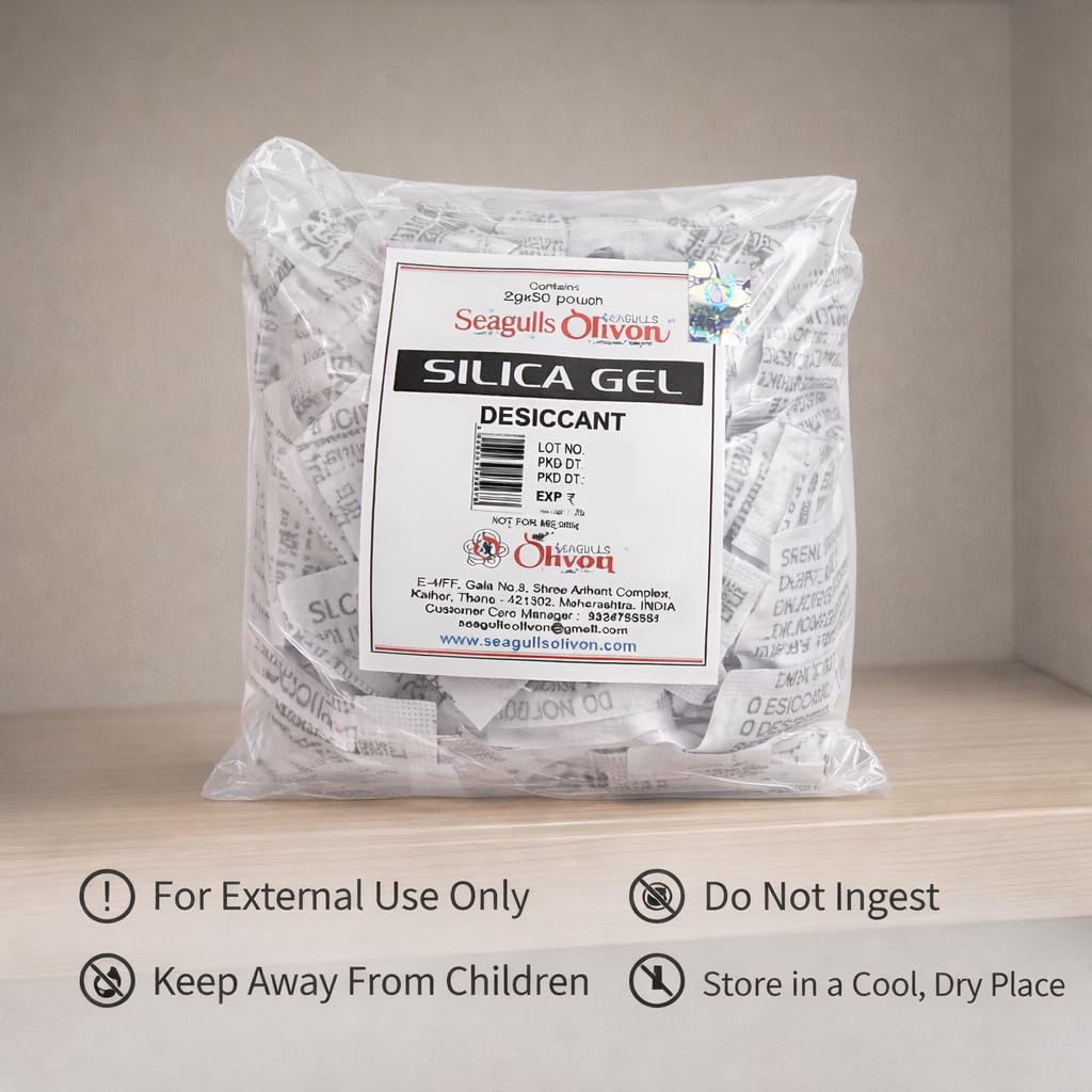 Seagulls Olivon White Silica Gel Desiccant | 2g x 50 Pouches (100g) | Moisture Absorber for Storage, Packaging, Electronics, Shoes & Closets, Flower Drying to Dry Flowers & Craft | Industrial Grade