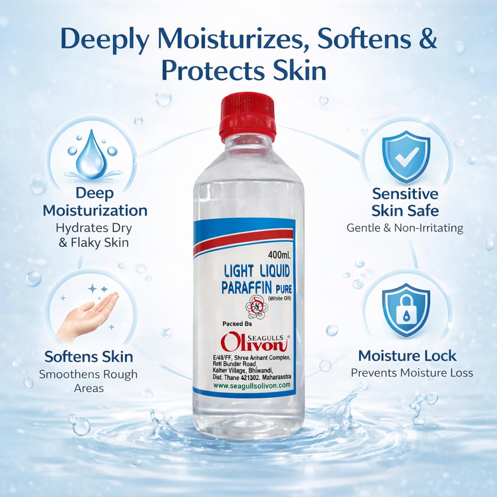 Seagulls Olivon Light Liquid Paraffin (White Oil) | 400ml | 100% Pure & Natural | Moisturizing Mineral Oil for Dry, Sensitive Skin | Softens, Protects & Rehydrates Skin | For Body Care | LLP