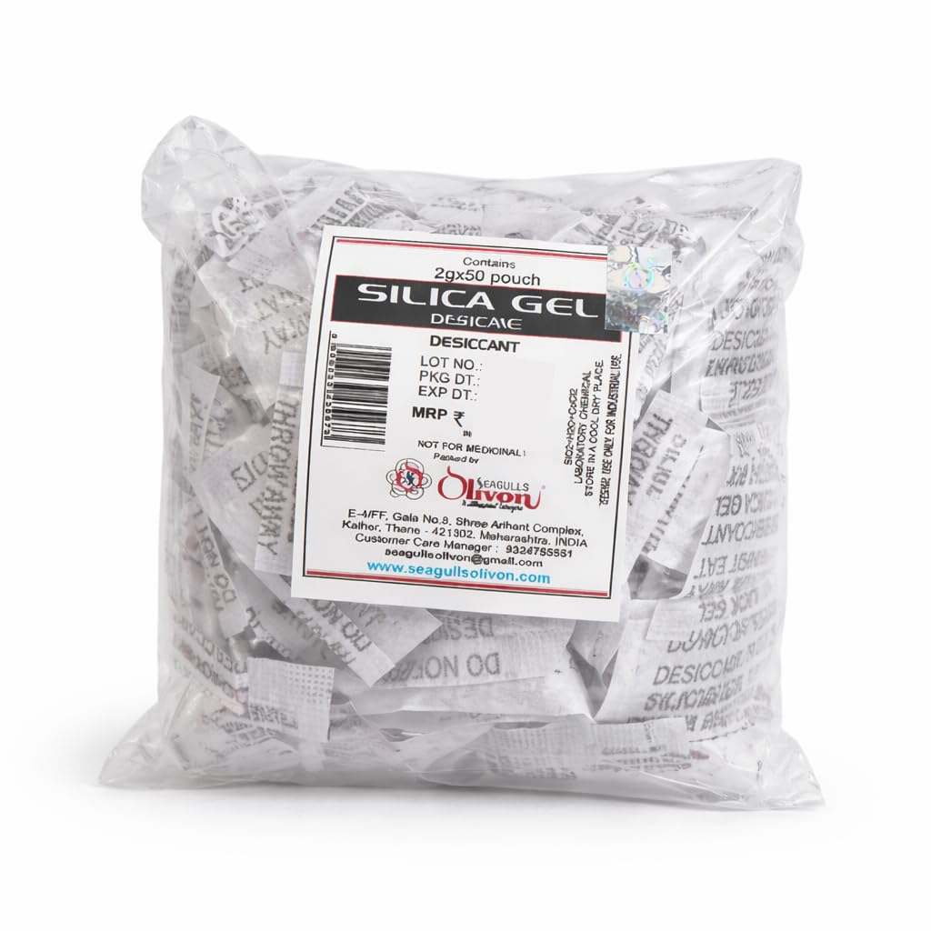 Seagulls Olivon White Silica Gel Desiccant | 2g x 50 Pouches (100g) | Moisture Absorber for Storage, Packaging, Electronics, Shoes & Closets, Flower Drying to Dry Flowers & Craft | Industrial Grade