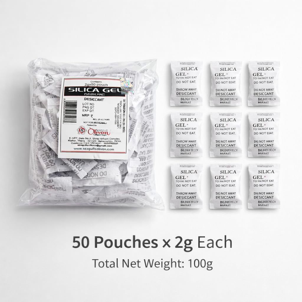 Seagulls Olivon White Silica Gel Desiccant | 2g x 50 Pouches (100g) | Moisture Absorber for Storage, Packaging, Electronics, Shoes & Closets, Flower Drying to Dry Flowers & Craft | Industrial Grade