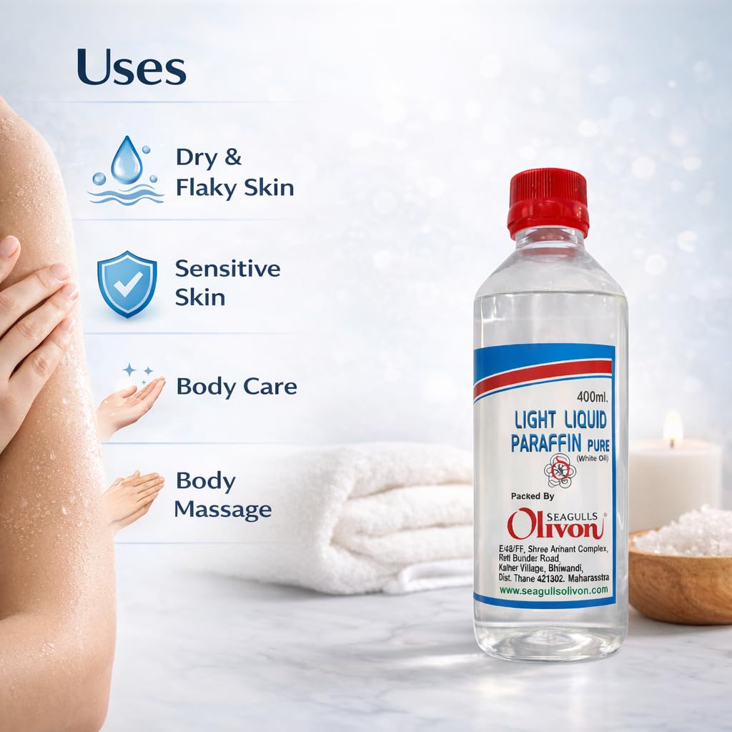 Seagulls Olivon Light Liquid Paraffin (White Oil) | 400ml | 100% Pure & Natural | Moisturizing Mineral Oil for Dry, Sensitive Skin | Softens, Protects & Rehydrates Skin | For Body Care | LLP
