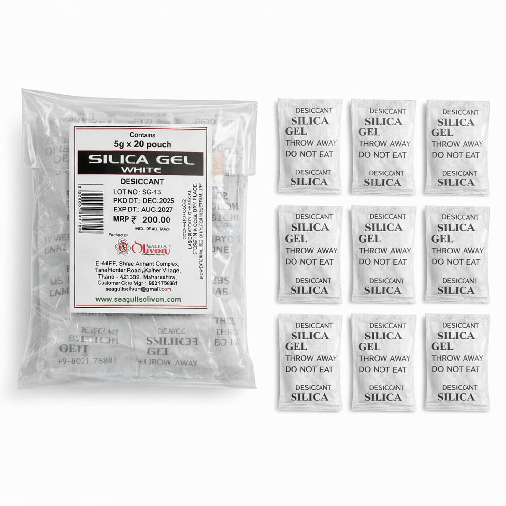 Seagulls Olivon White Silica Gel Desiccant | 5g x 20 Pouches (100g) | Moisture Absorber for Storage, Packaging, Electronics, Shoes & Closets, Flower Drying to Dry Flowers & Craft | Industrial Grade