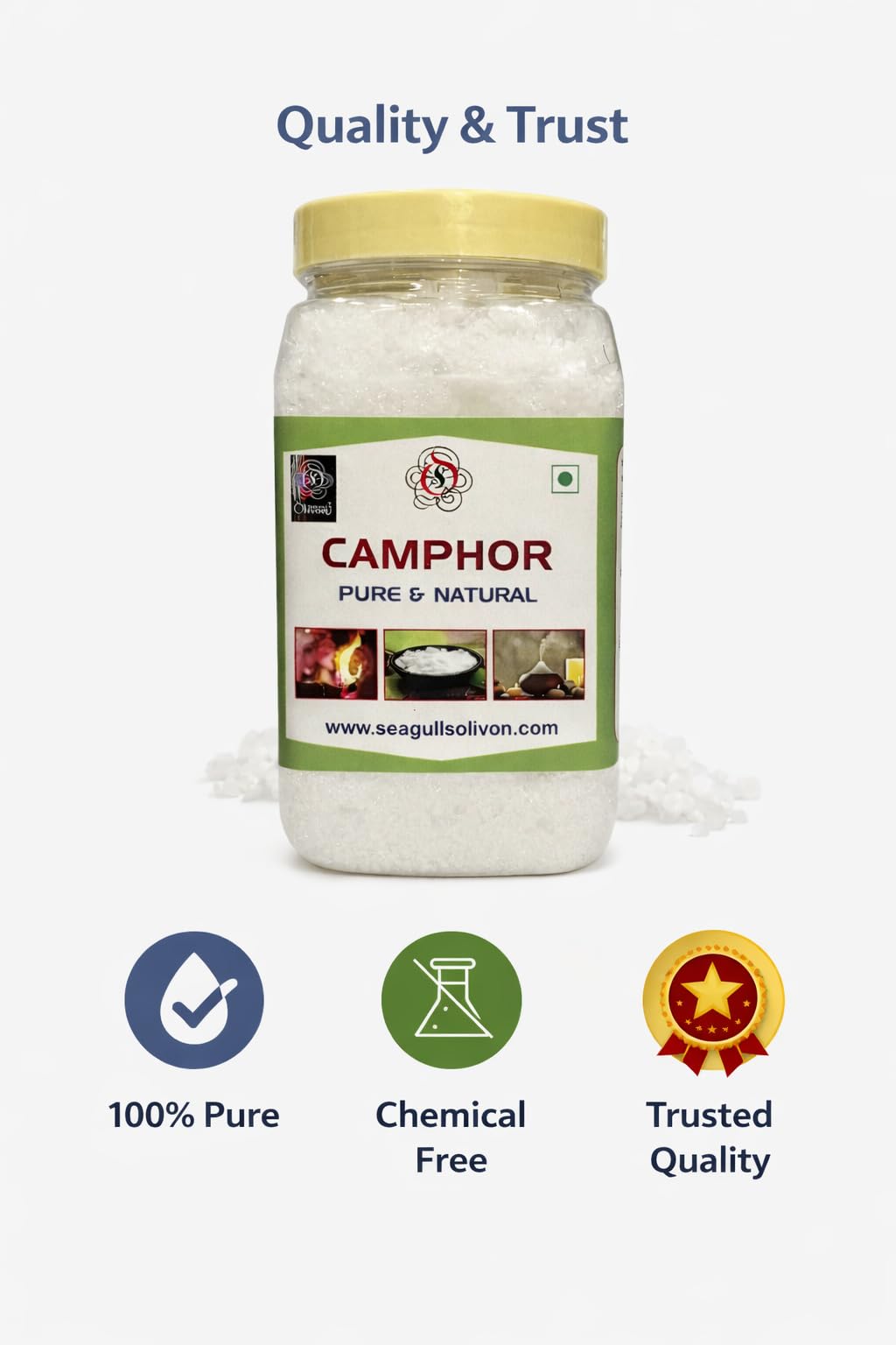 Seagulls Olivon Pure Camphor 400g | 100% Natural Kapur for Pooja, Aromatherapy, Insect Repellent & Air Purification