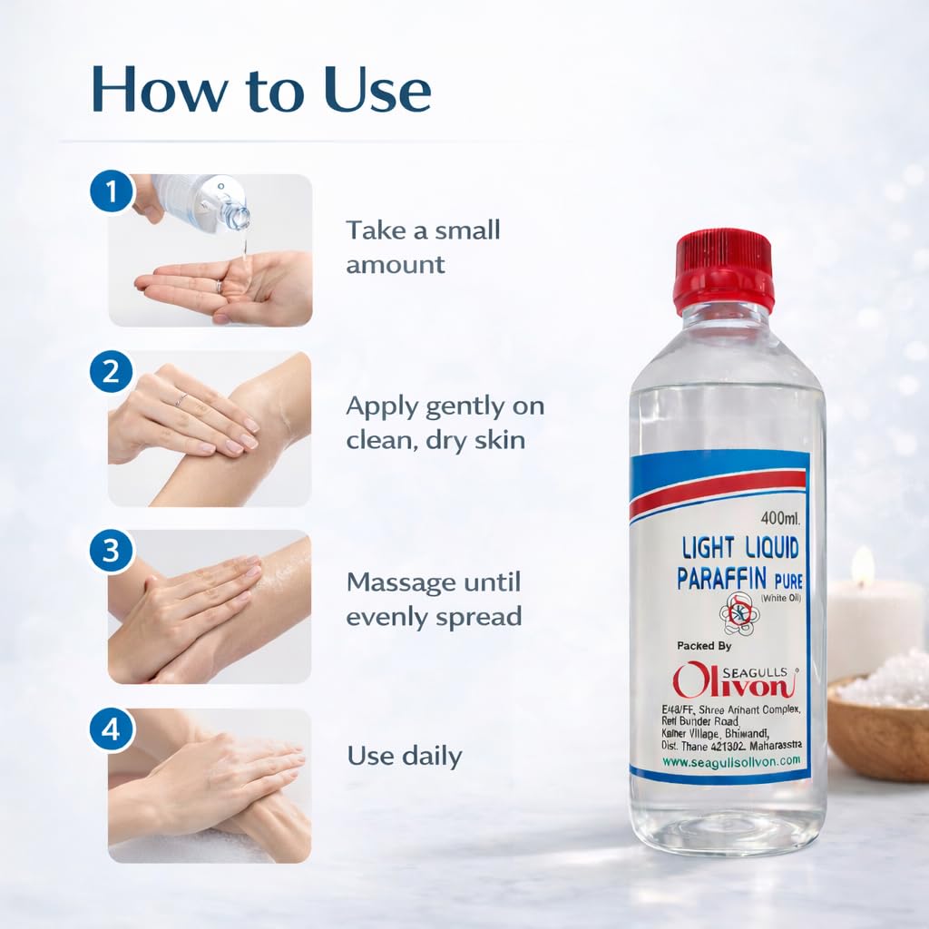Seagulls Olivon Light Liquid Paraffin (White Oil) | 400ml | 100% Pure & Natural | Moisturizing Mineral Oil for Dry, Sensitive Skin | Softens, Protects & Rehydrates Skin | For Body Care | LLP