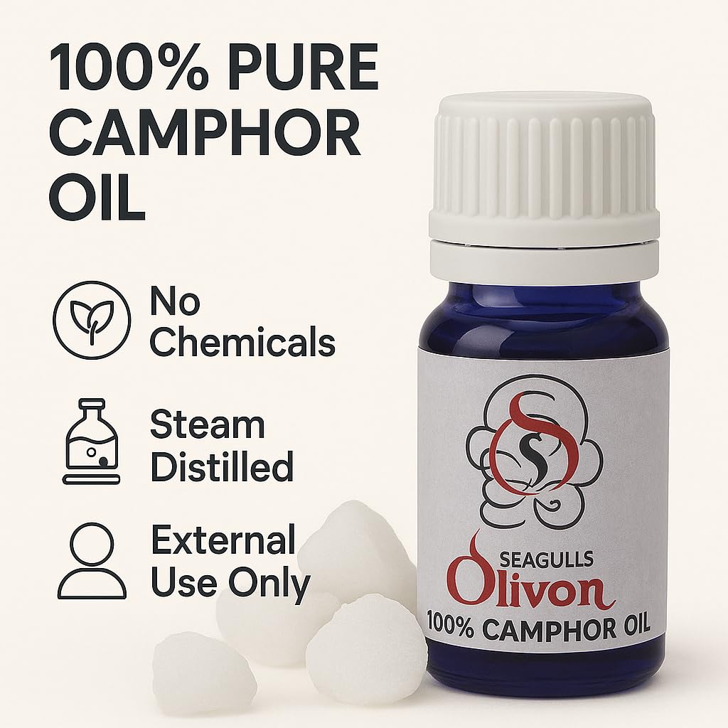 Seagulls Olivon Camphor Essential Oil | 100% Pure & Natural | For Diffusers, Aromatherapy, Relaxation, Air Freshening & Spiritual Use | 10ml