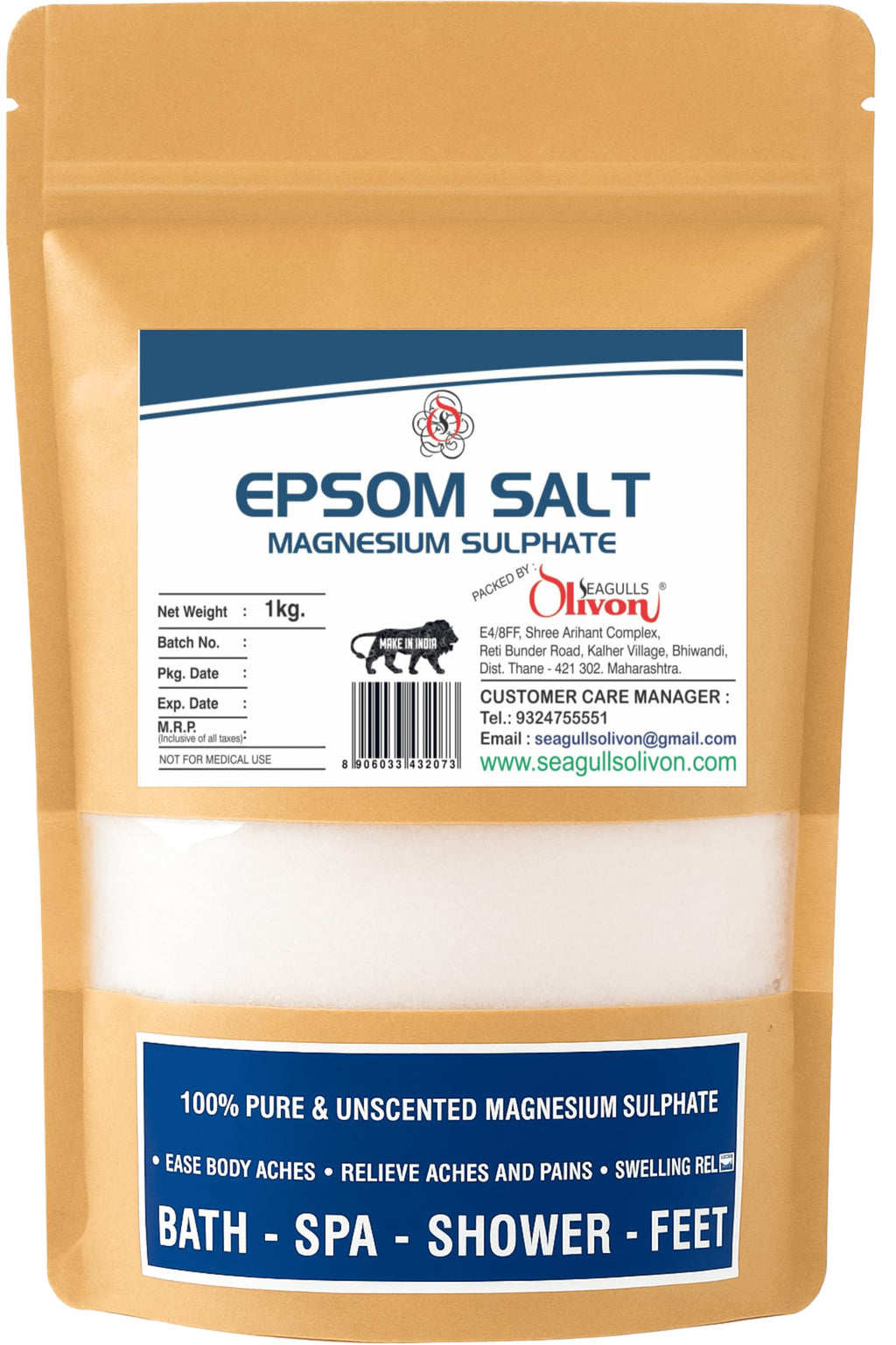 Epsom Salt (Magnesium Sulphate)| 1Kg | For Relaxation Muscle Relief, Relives Aches & Pain | For Fertilizer for Plants and Home Garden