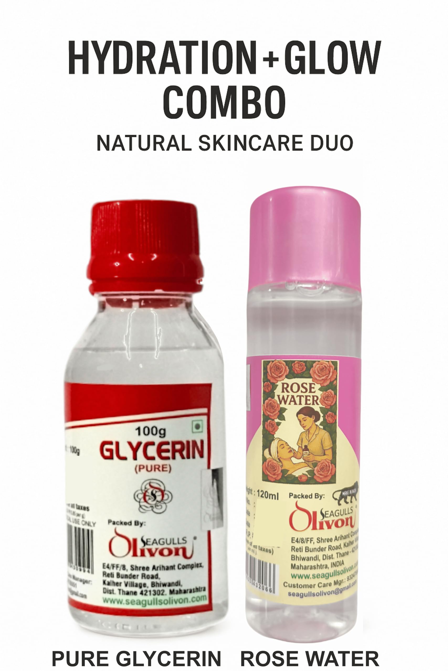 Seagulls Olivon Glycerin (100g) + Rose Water (120ml) | Natural Skin Care Combo | Moisturizing & Hydrating | For Soft, Glowing & Nourished Skin