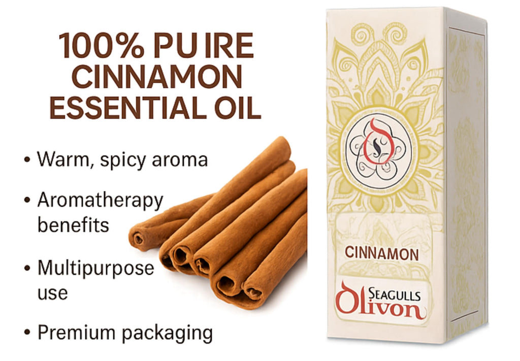 Seagulls Olivon Cinnamon Essential Oil 10ml | 100% Pure & Natural | Aromatherapy, Diffuser, Massage, Home Fragrance | For Relaxation, Freshness & Wellness