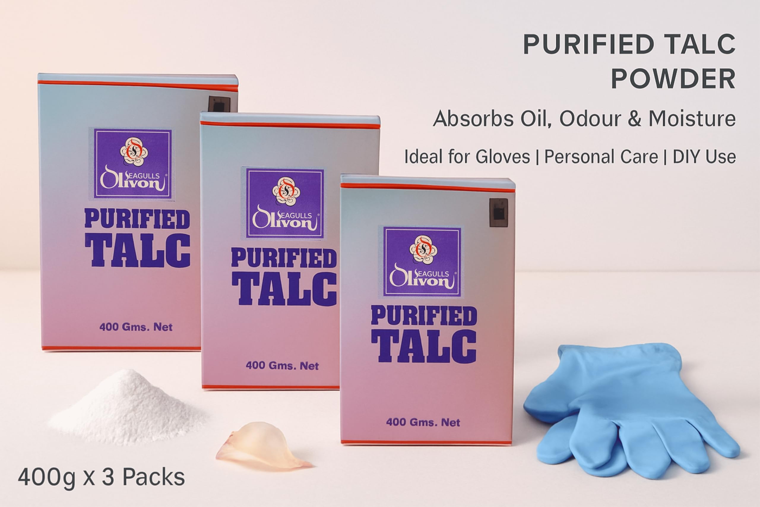 Purified Talc | 400 Grams | Fresh Talcum Powder | French Chalk | Gloves Powder | Absorbs Oil, Odour & Moisture | Pack of 3