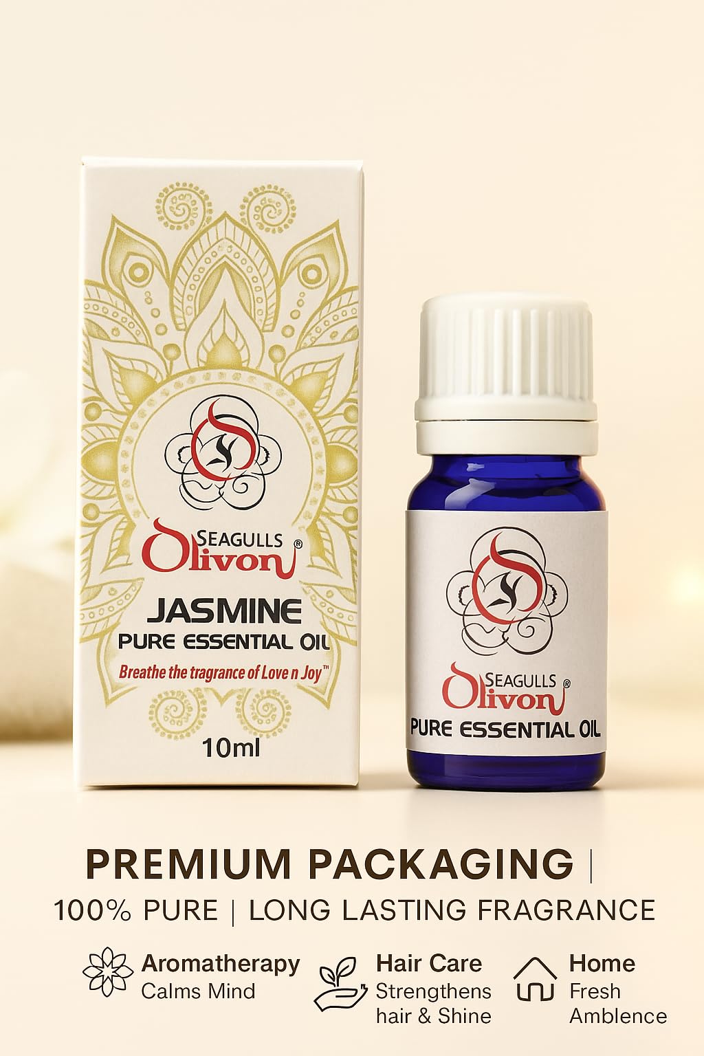 Seagulls Olivon Jasmine Essential Oil (10ml) | 100% Pure Aromatherapy Oil | Floral Fragrance for Diffuser, Skin & Hair Care, Relaxation & Home Freshening