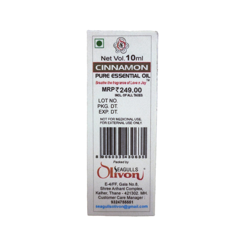 Seagulls Olivon Cinnamon Essential Oil 10ml | 100% Pure & Natural | Aromatherapy, Diffuser, Massage, Home Fragrance | For Relaxation, Freshness & Wellness