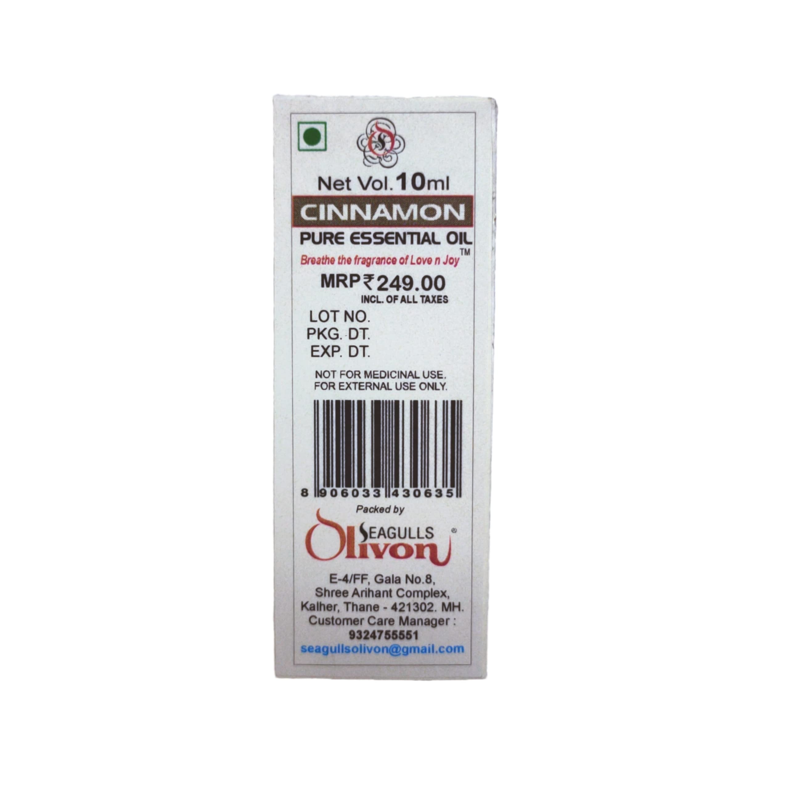 Seagulls Olivon Cinnamon Essential Oil 10ml | 100% Pure & Natural | Aromatherapy, Diffuser, Massage, Home Fragrance | For Relaxation, Freshness & Wellness