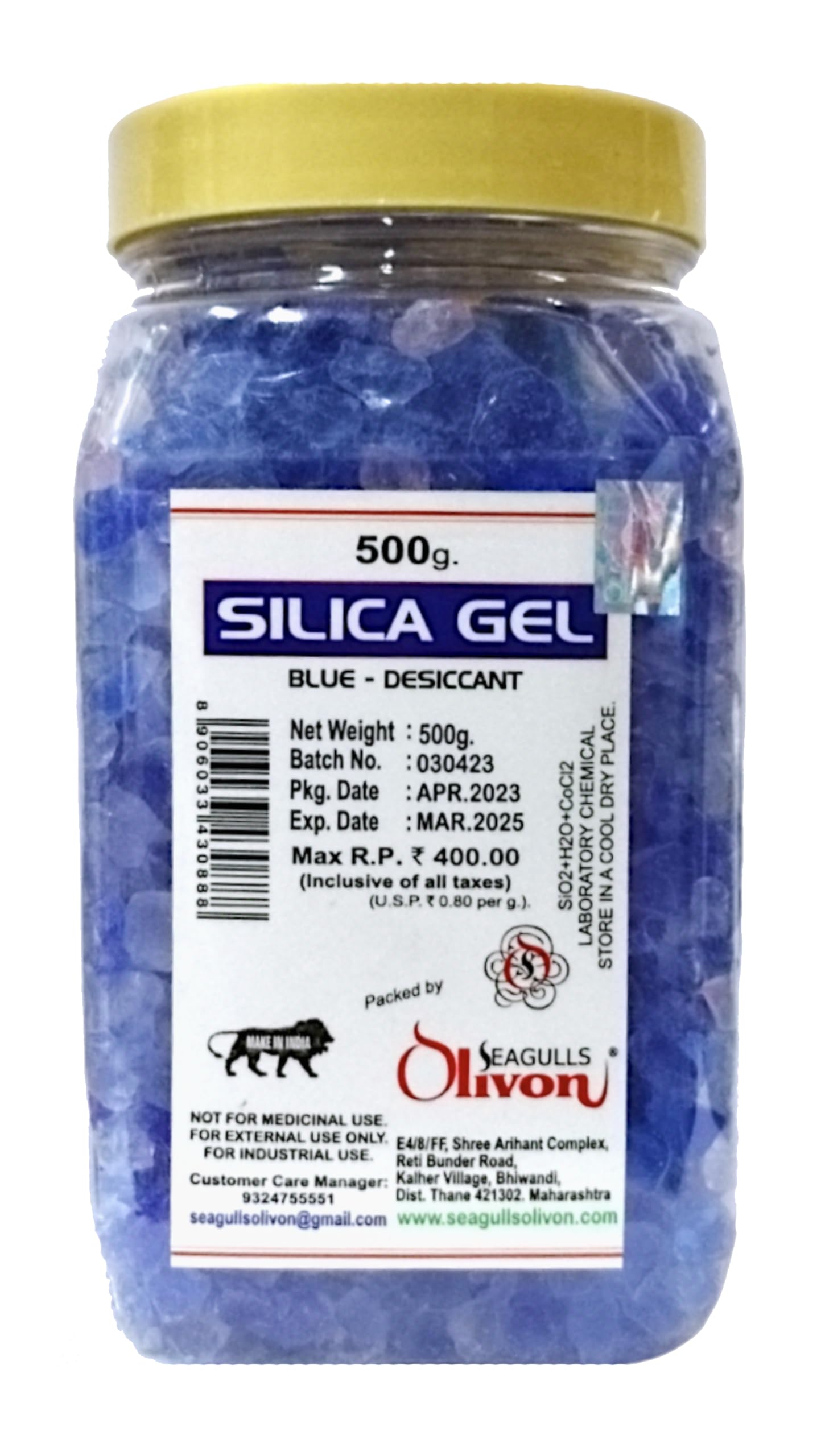 Blue Silica Gel Desiccant | 500g | Self Color Indicating Desiccant | For Room, Wardrobe, Shoes, Car, Kitchen, Camera Lenses