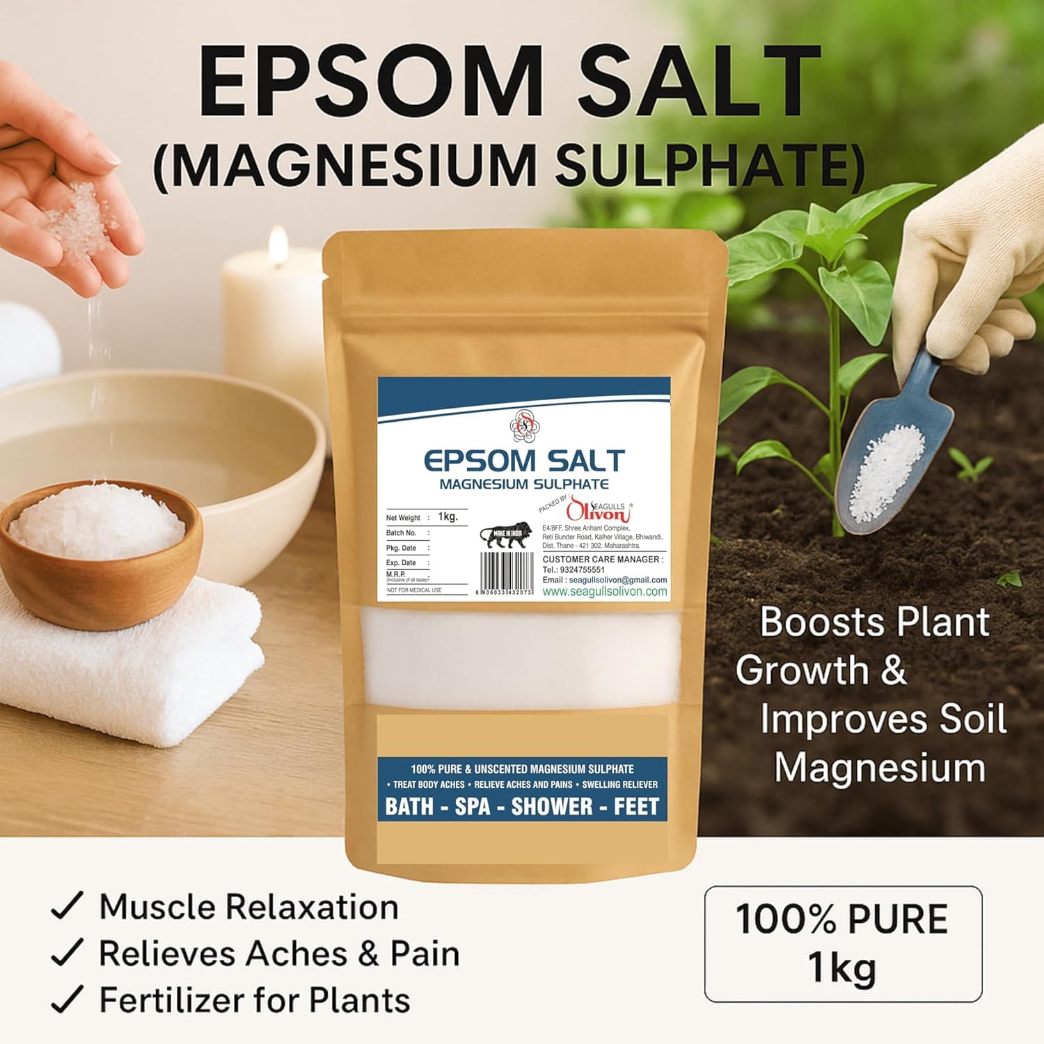 Epsom Salt (Magnesium Sulphate)| 1Kg | For Relaxation Muscle Relief, Relives Aches & Pain | For Fertilizer for Plants and Home Garden