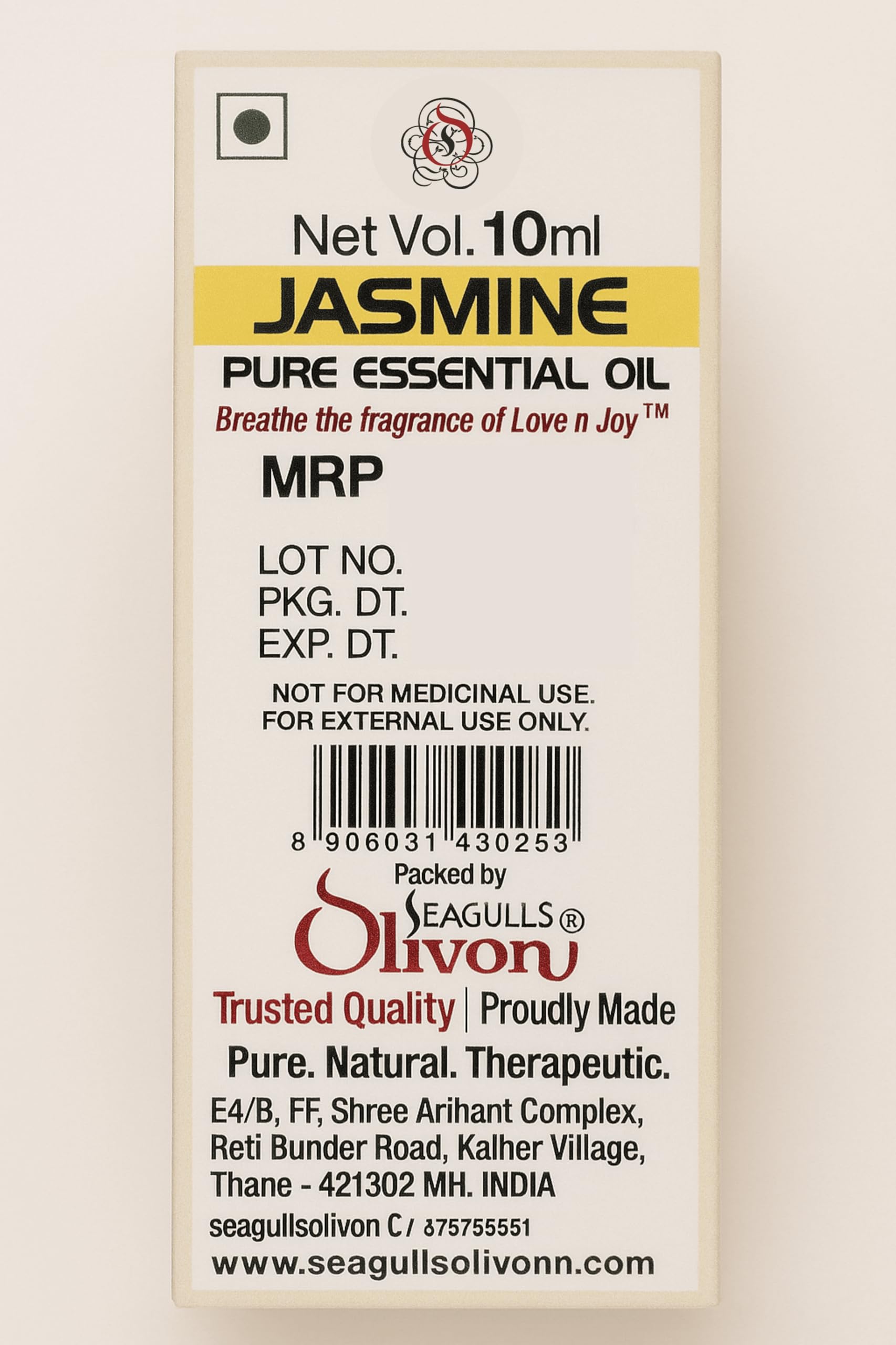 Seagulls Olivon Jasmine Essential Oil (10ml) | 100% Pure Aromatherapy Oil | Floral Fragrance for Diffuser, Skin & Hair Care, Relaxation & Home Freshening