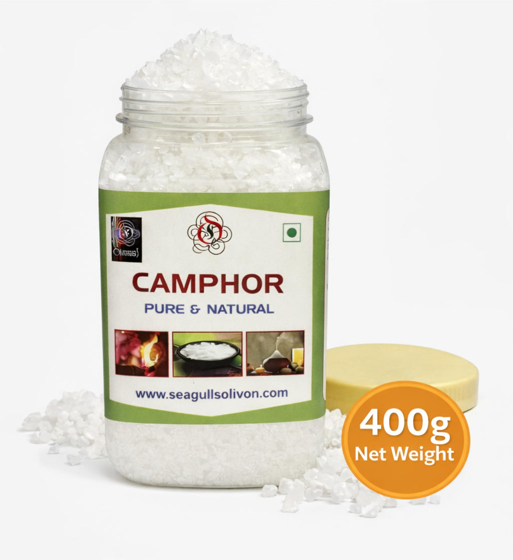 Seagulls Olivon Pure Camphor 400g | 100% Natural Kapur for Pooja, Aromatherapy, Insect Repellent & Air Purification