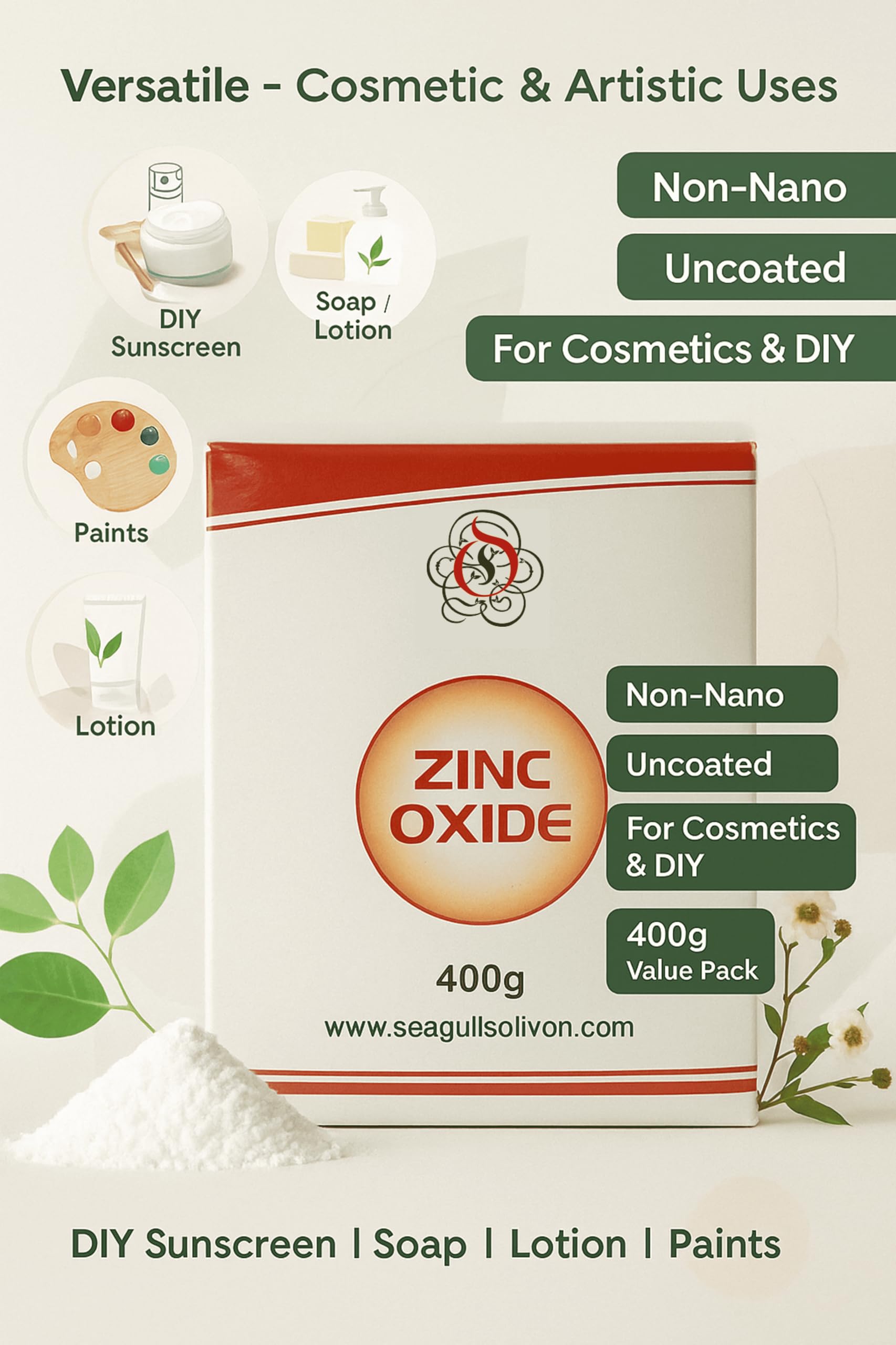 Zinc Oxide | 400g | NON Nano & Uncoated for Cosmetic & DIY Products Sunscream, Soap, Lotion | Powder for painting