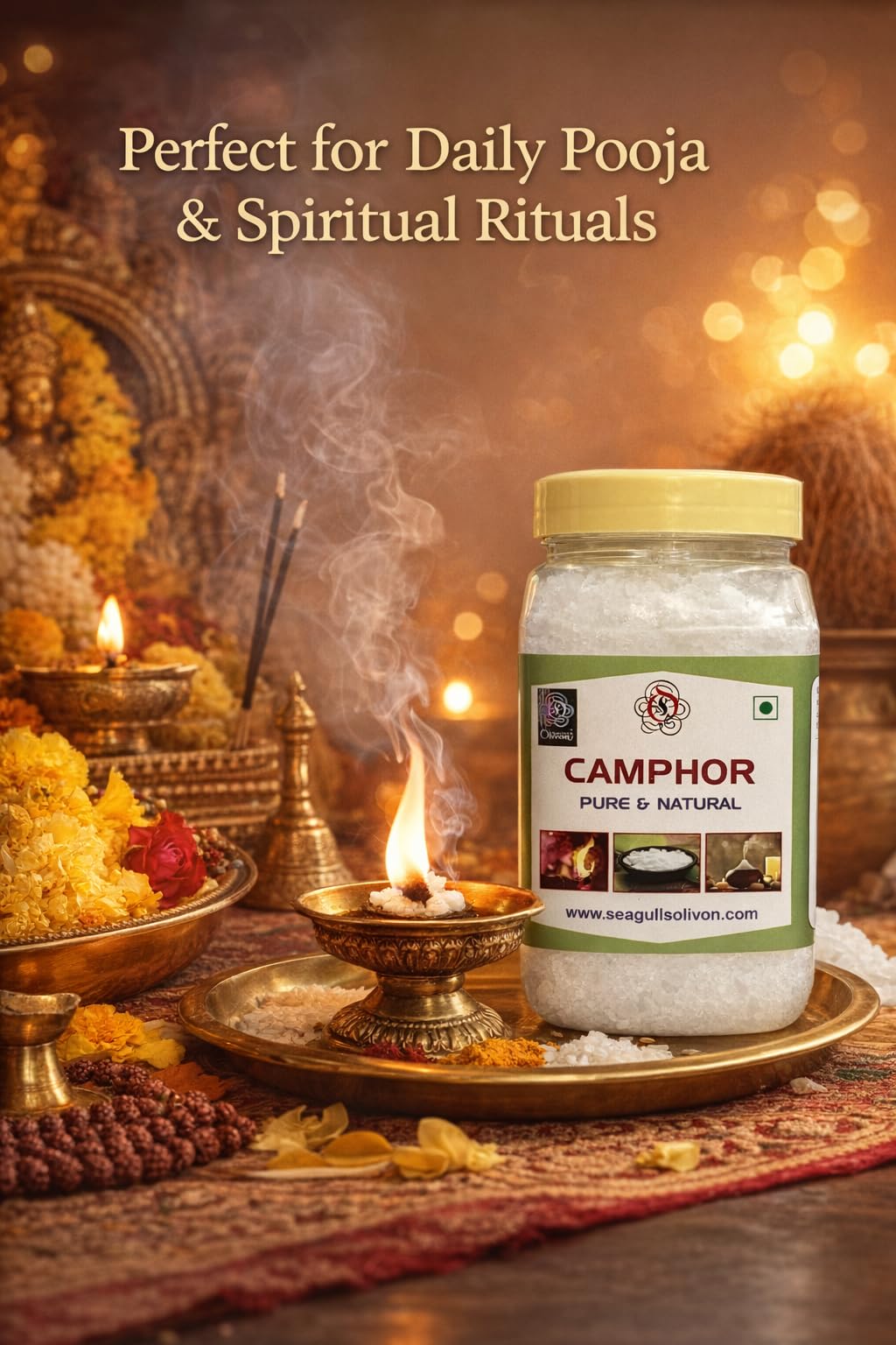 Seagulls Olivon Pure Camphor 400g | 100% Natural Kapur for Pooja, Aromatherapy, Insect Repellent & Air Purification