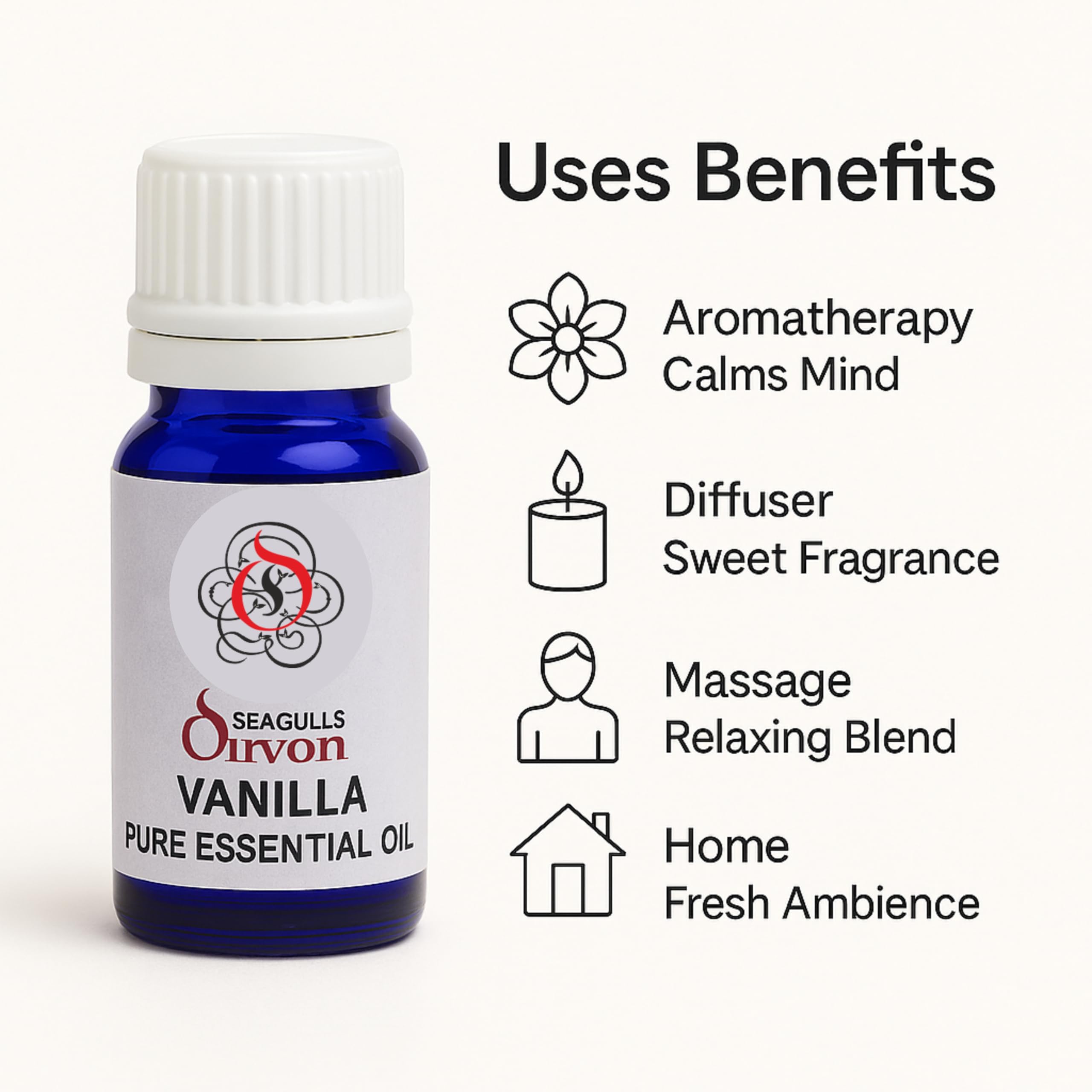 Seagulls Olivon Vanilla Essential Oil | 10ml | 100% Pure Fragrance | Premium Aromatherapy Oil for Diffuser, Relaxation, and Home Freshening