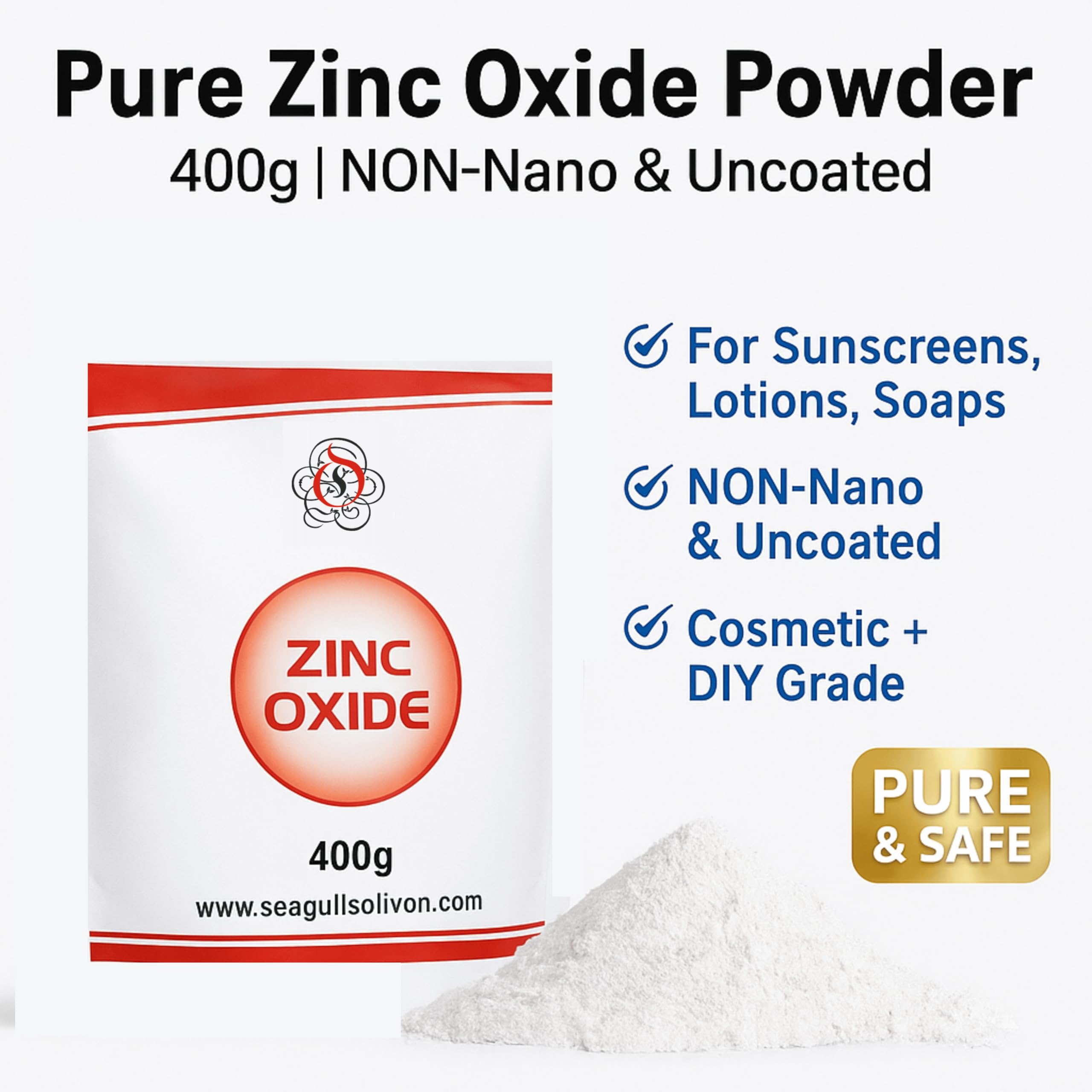 Zinc Oxide | 400g | NON Nano & Uncoated for Cosmetic & DIY Products Sunscream, Soap, Lotion | Powder for painting