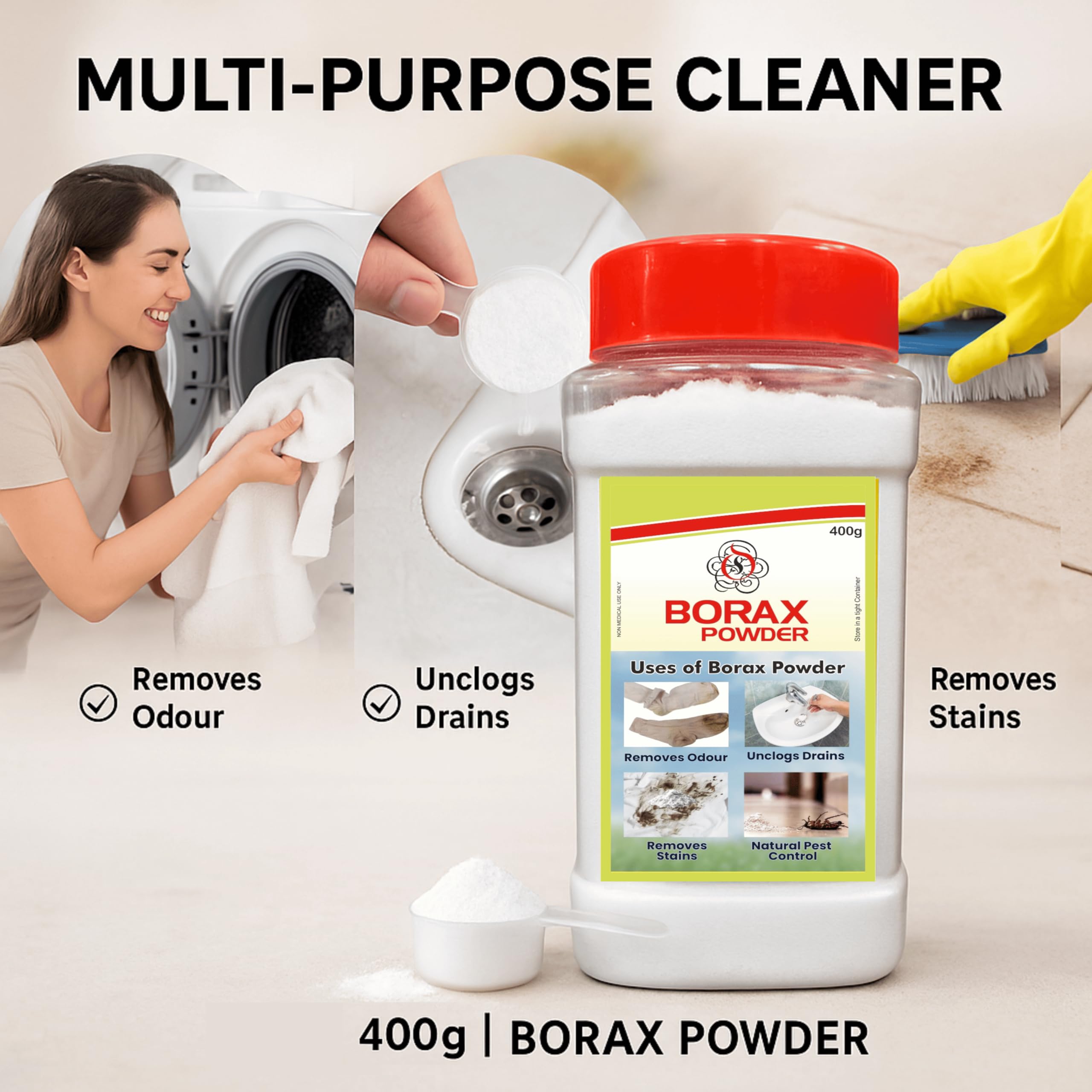 Borax Powder | 400g | Multi-Purpose Cleaner for Odour Removal, Drain Cleaning, Stain Removal