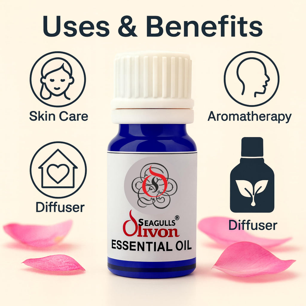 Seagulls Olivon Rose Essential Oil |10ml | Synthetic Grade Aroma Oil for Skin Care, Diffuser, Aromatherapy & Home Fragrance | Floral Rose Scent | Relaxing & Long Lasting