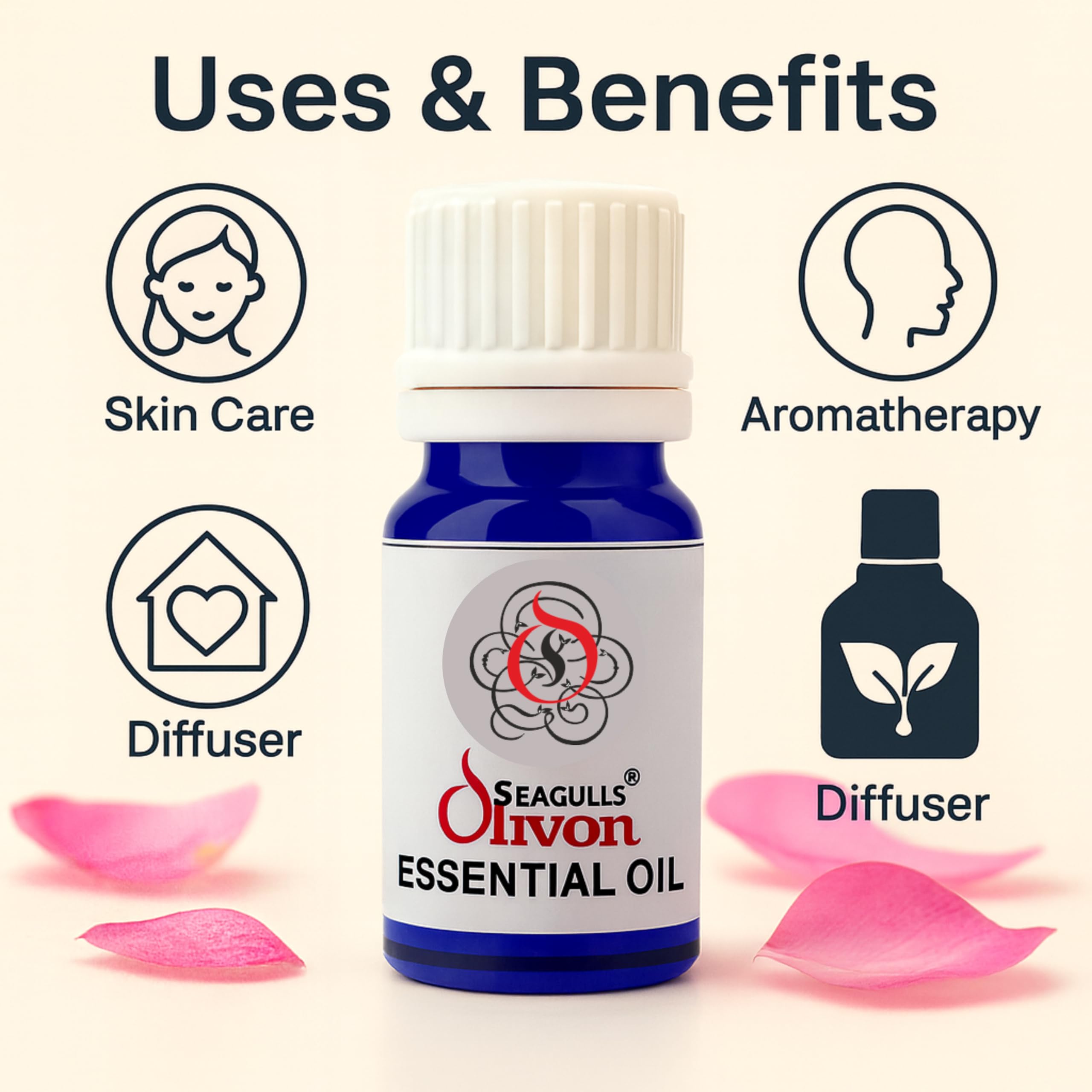 Seagulls Olivon Rose Essential Oil |10ml | Synthetic Grade Aroma Oil for Skin Care, Diffuser, Aromatherapy & Home Fragrance | Floral Rose Scent | Relaxing & Long Lasting