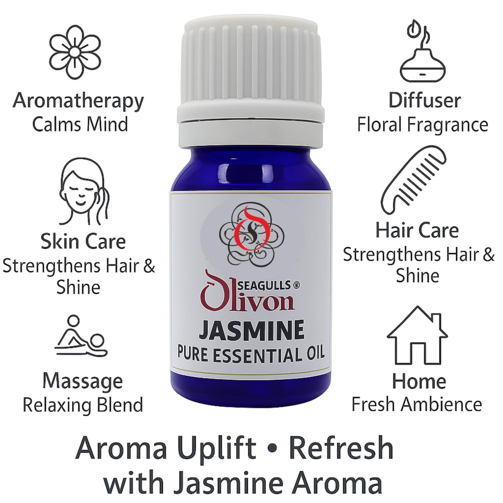 Seagulls Olivon Jasmine Essential Oil (10ml) | 100% Pure Aromatherapy Oil | Floral Fragrance for Diffuser, Skin & Hair Care, Relaxation & Home Freshening