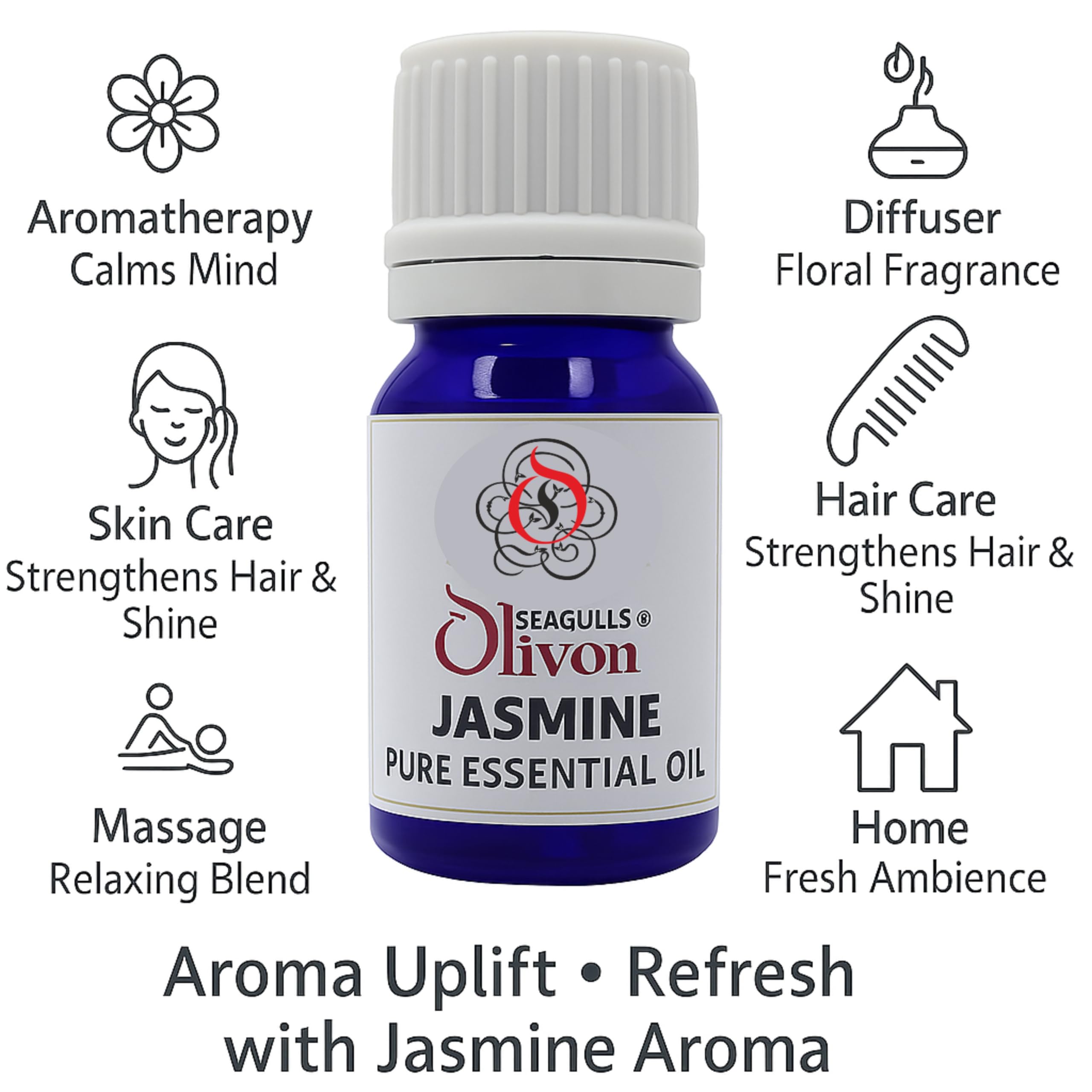 Seagulls Olivon Jasmine Essential Oil (10ml) | 100% Pure Aromatherapy Oil | Floral Fragrance for Diffuser, Skin & Hair Care, Relaxation & Home Freshening