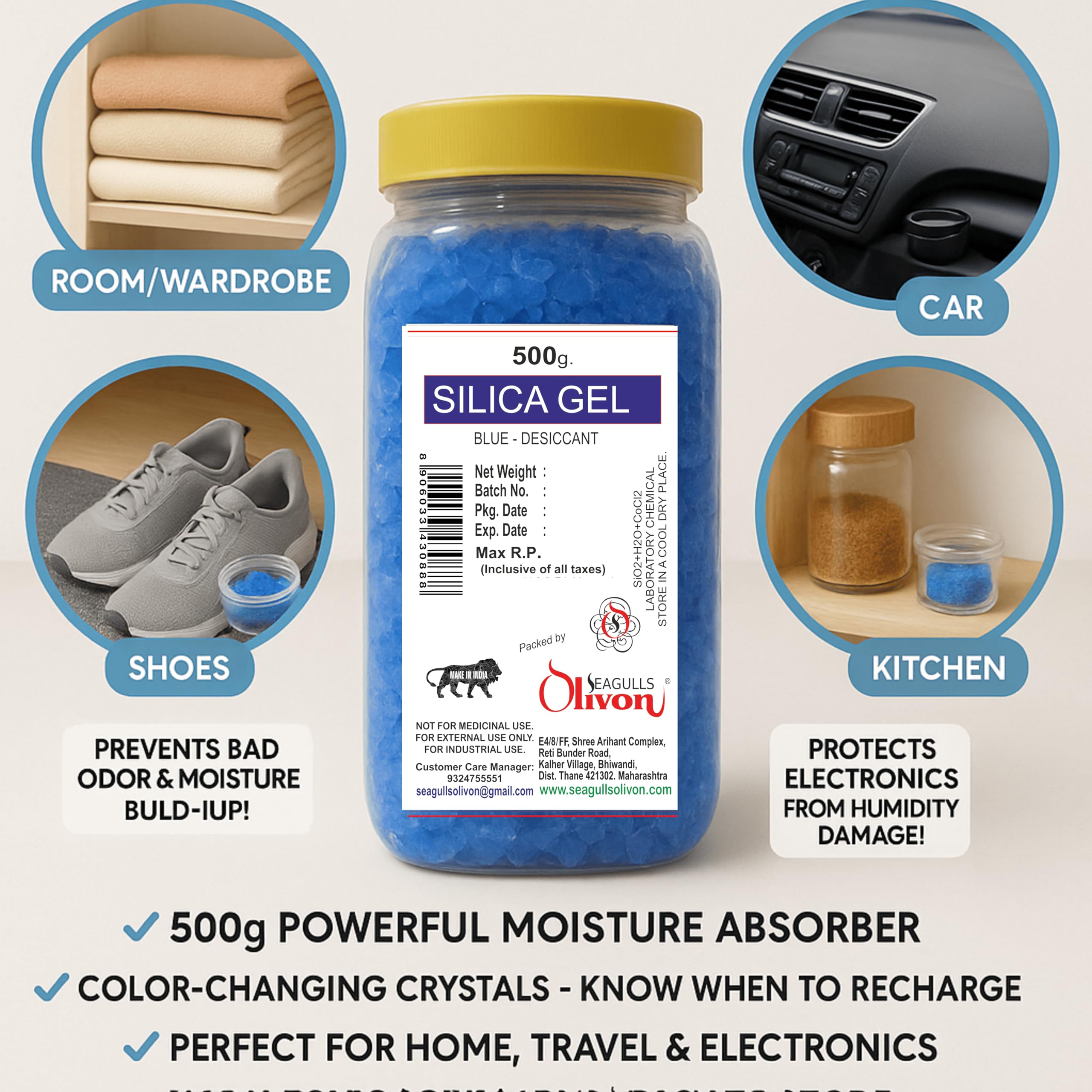 Blue Silica Gel Desiccant | 500g | Self Color Indicating Desiccant | For Room, Wardrobe, Shoes, Car, Kitchen, Camera Lenses