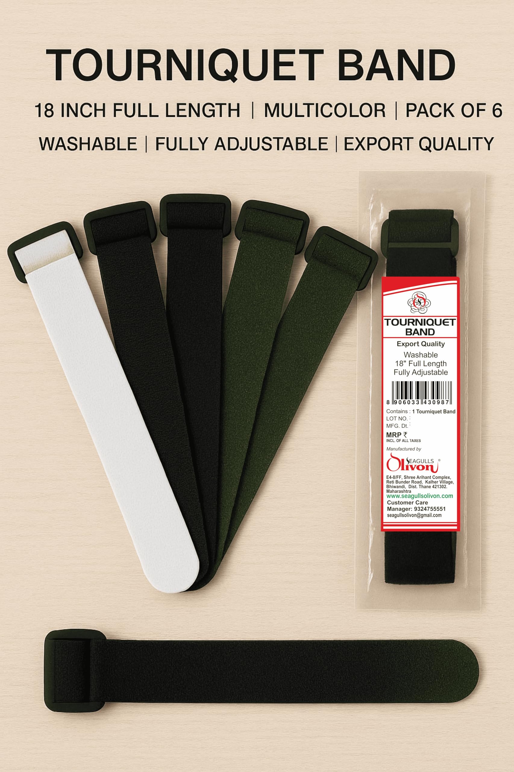 Seagulls Olivon Tourniquet Band | 18 Inch Full Length | Multicolor | Pack of 6 | Washable | Fully Adjustable | Export Quality