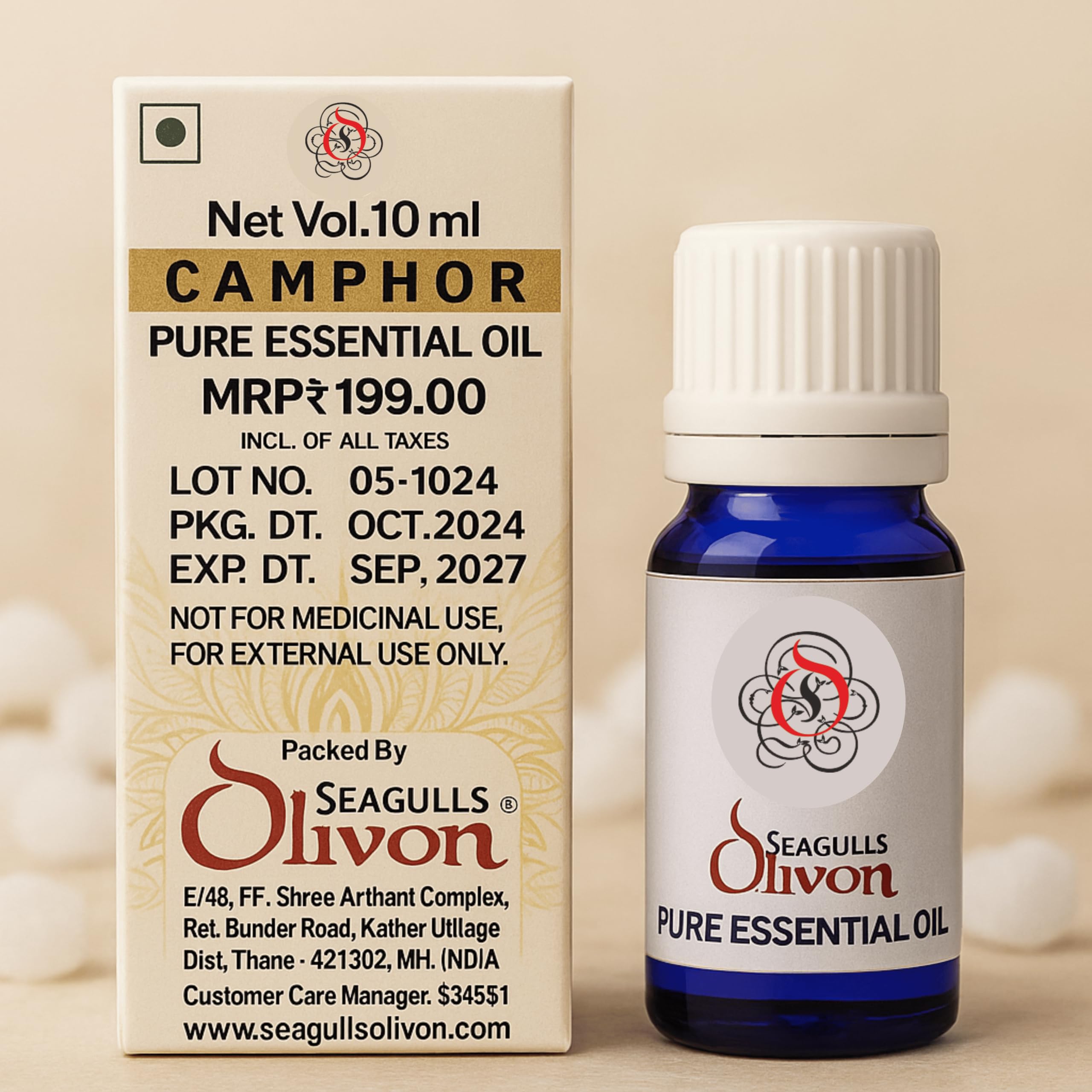 Seagulls Olivon Camphor Essential Oil | 100% Pure & Natural | For Diffusers, Aromatherapy, Relaxation, Air Freshening & Spiritual Use | 10ml