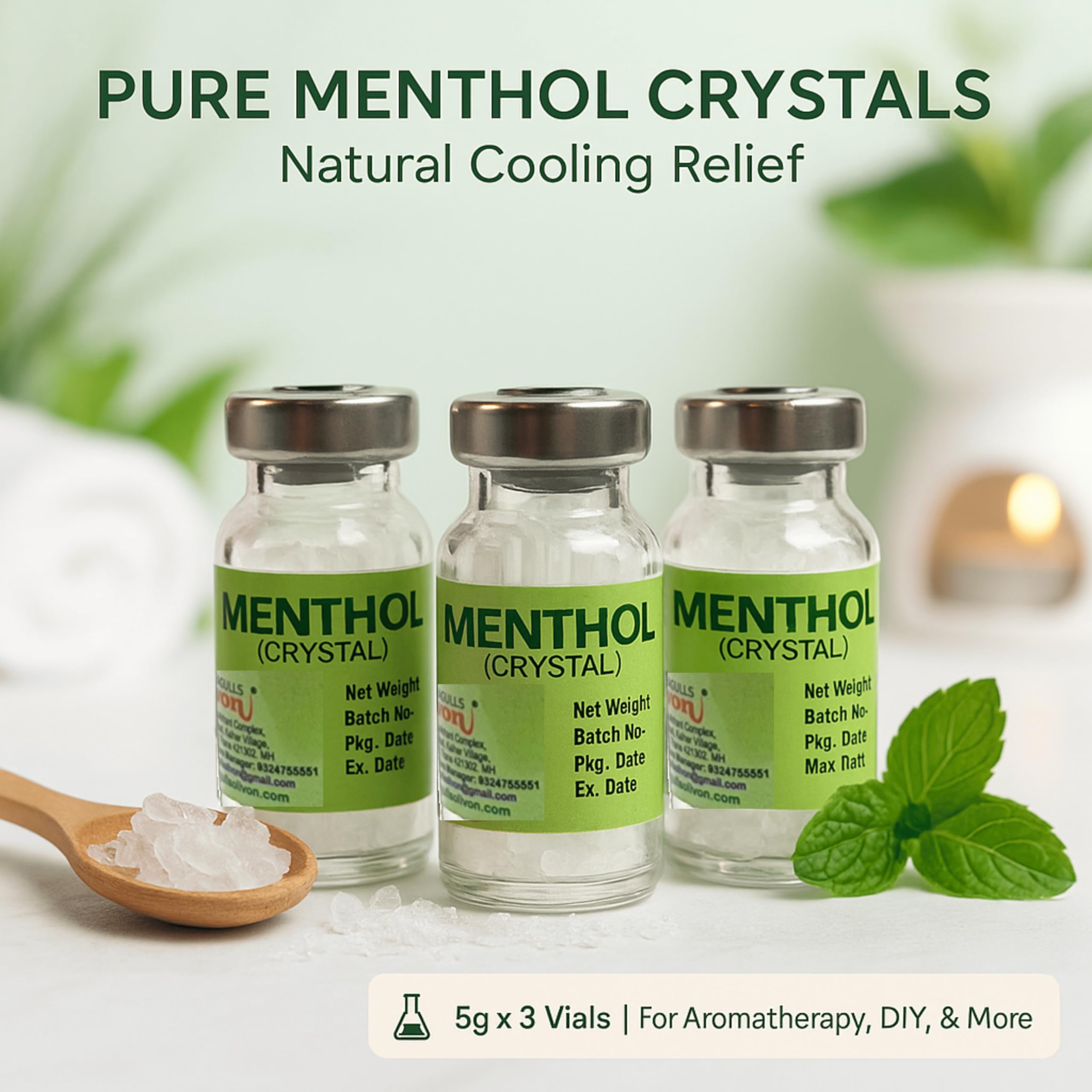 Menthol Crystal in Glass Vials | 5g each | Pack of 3 | 5g x 3 vials