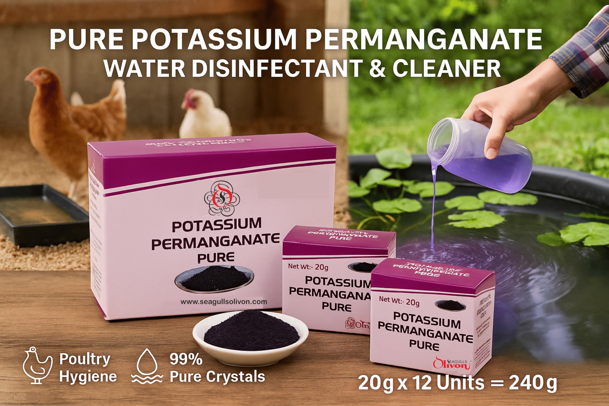 Pure Potassium Permanganate | Poultry Farms | Pond Cleaner | Water Disinfectant (20g x 12units = 240