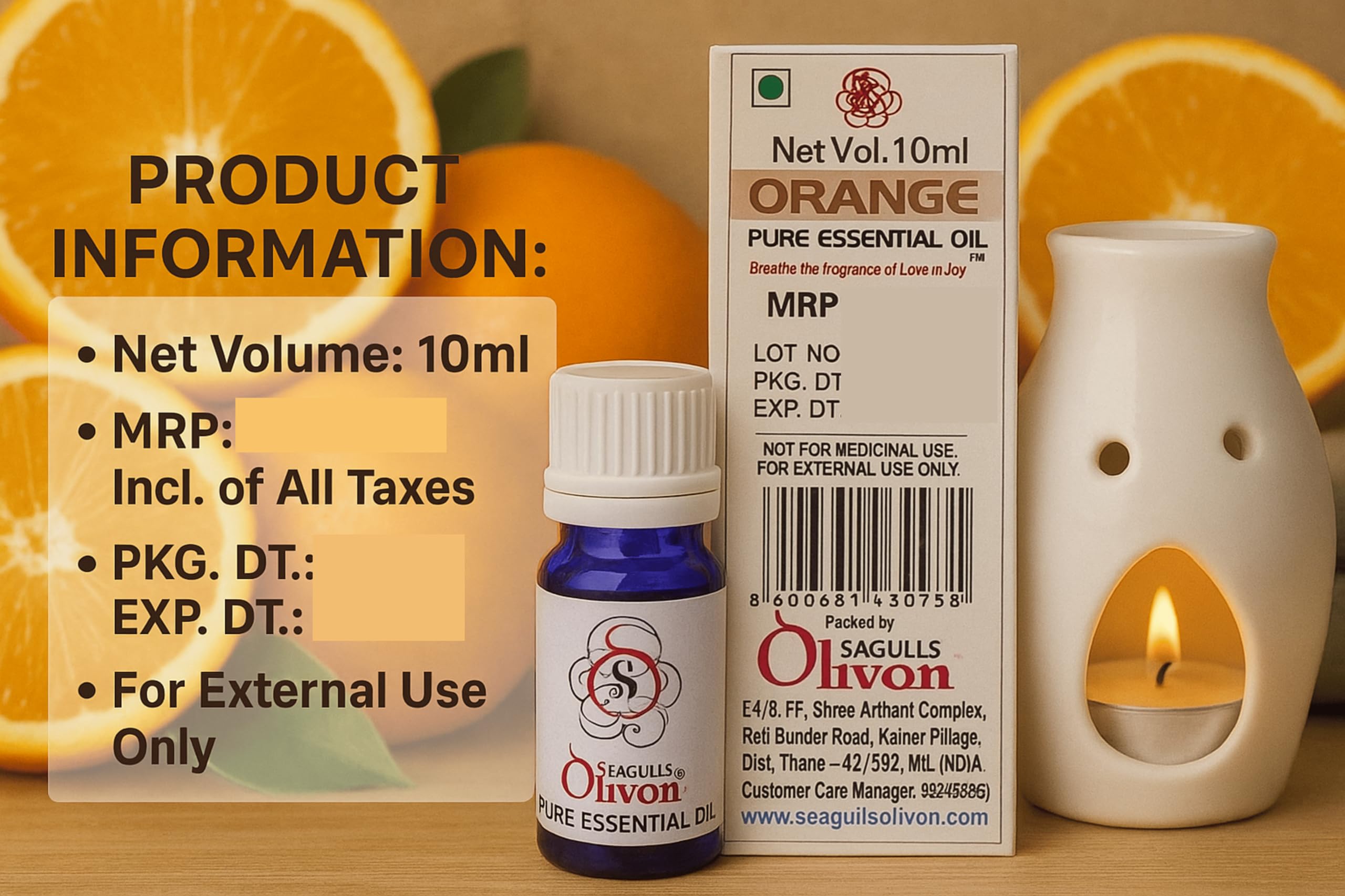 Seagulls Olivon Orange Essential Oil – 100% Pure & Natural, Therapeutic Grade, for Skin, Hair, Diffuser, and Aromatherapy – 10ml