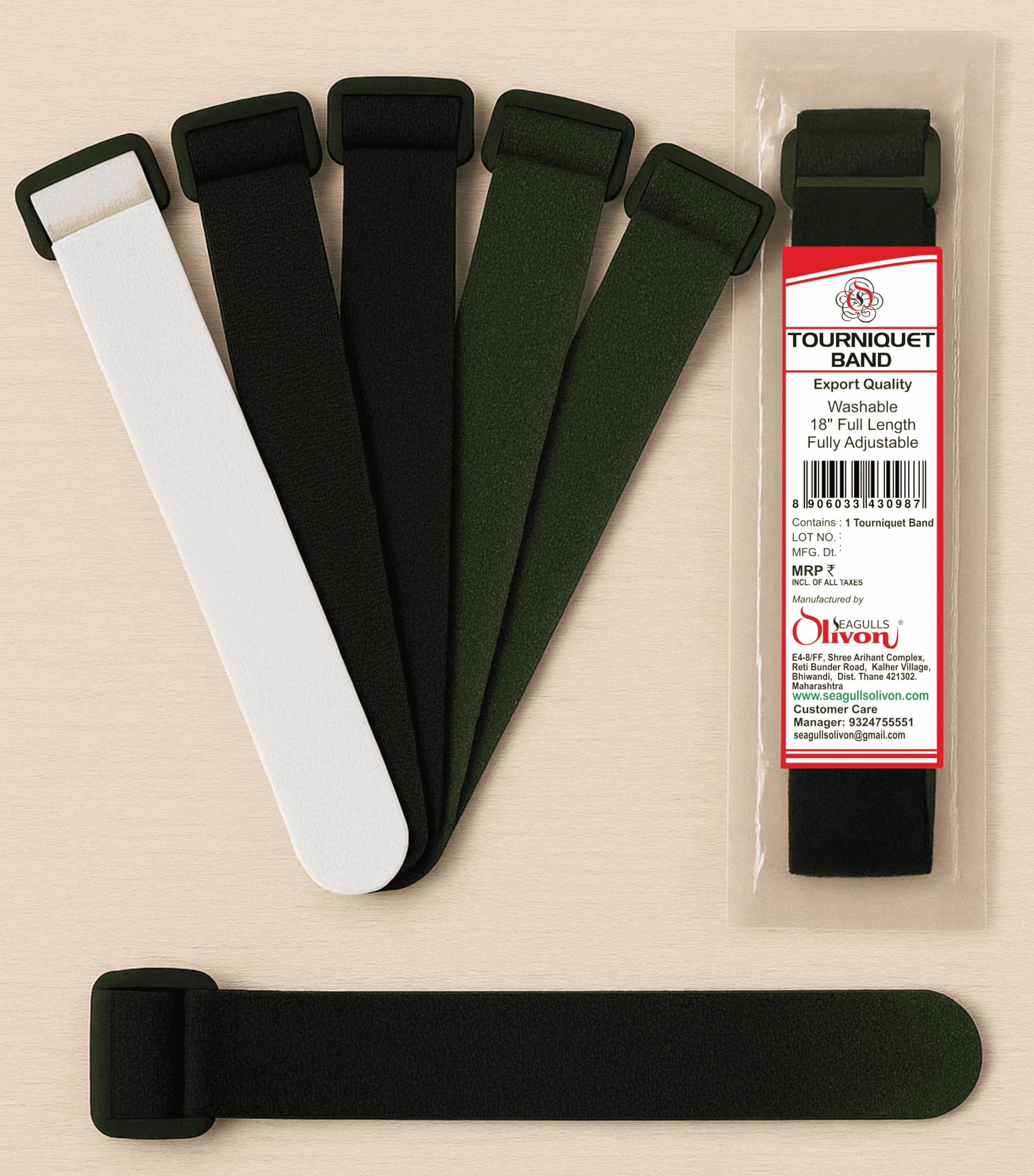 Seagulls Olivon Tourniquet Band | 18 Inch Full Length | Multicolor | Pack of 6 | Washable | Fully Adjustable | Export Quality