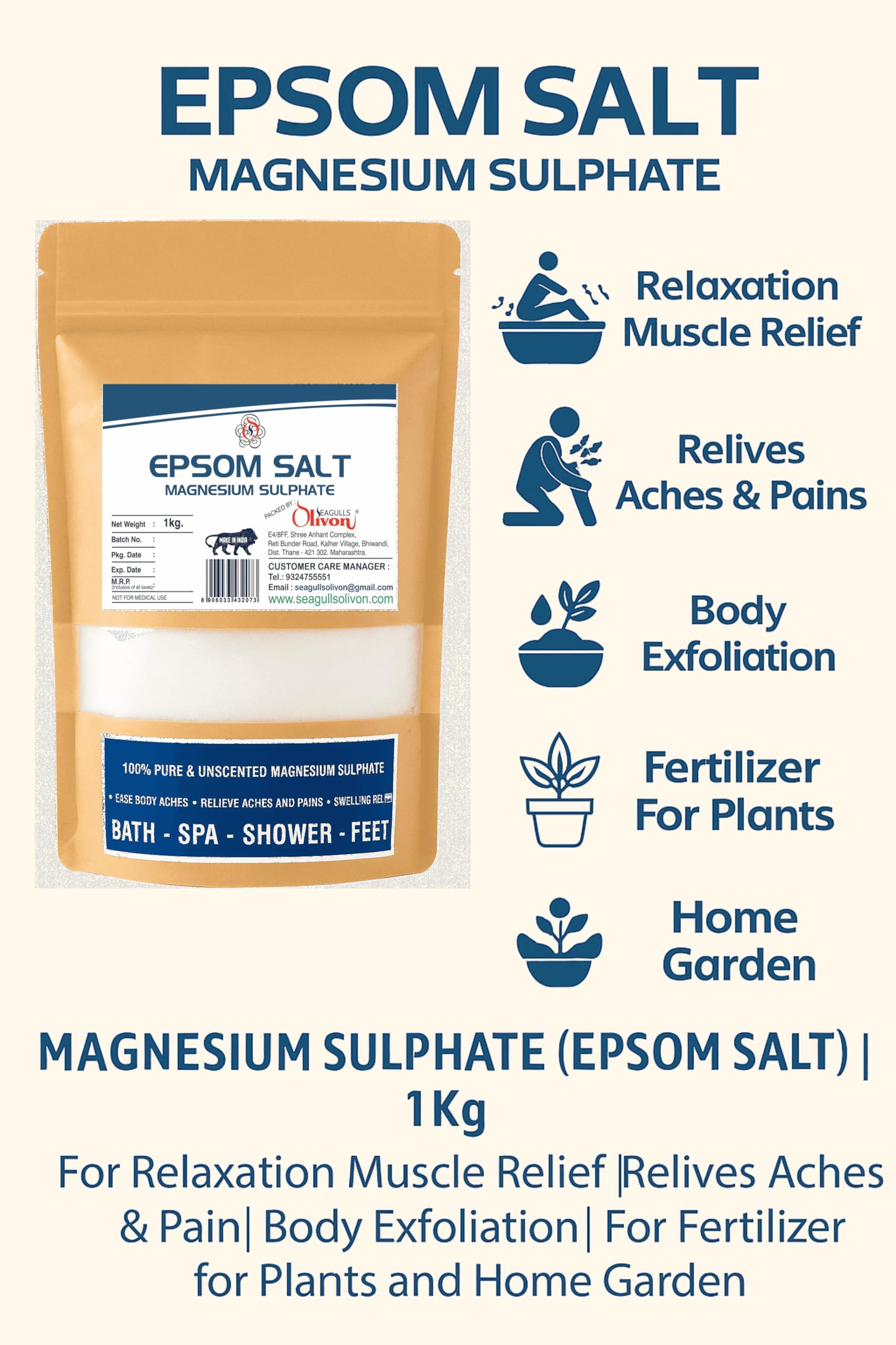 Epsom Salt (Magnesium Sulphate)| 1Kg | For Relaxation Muscle Relief, Relives Aches & Pain | For Fertilizer for Plants and Home Garden