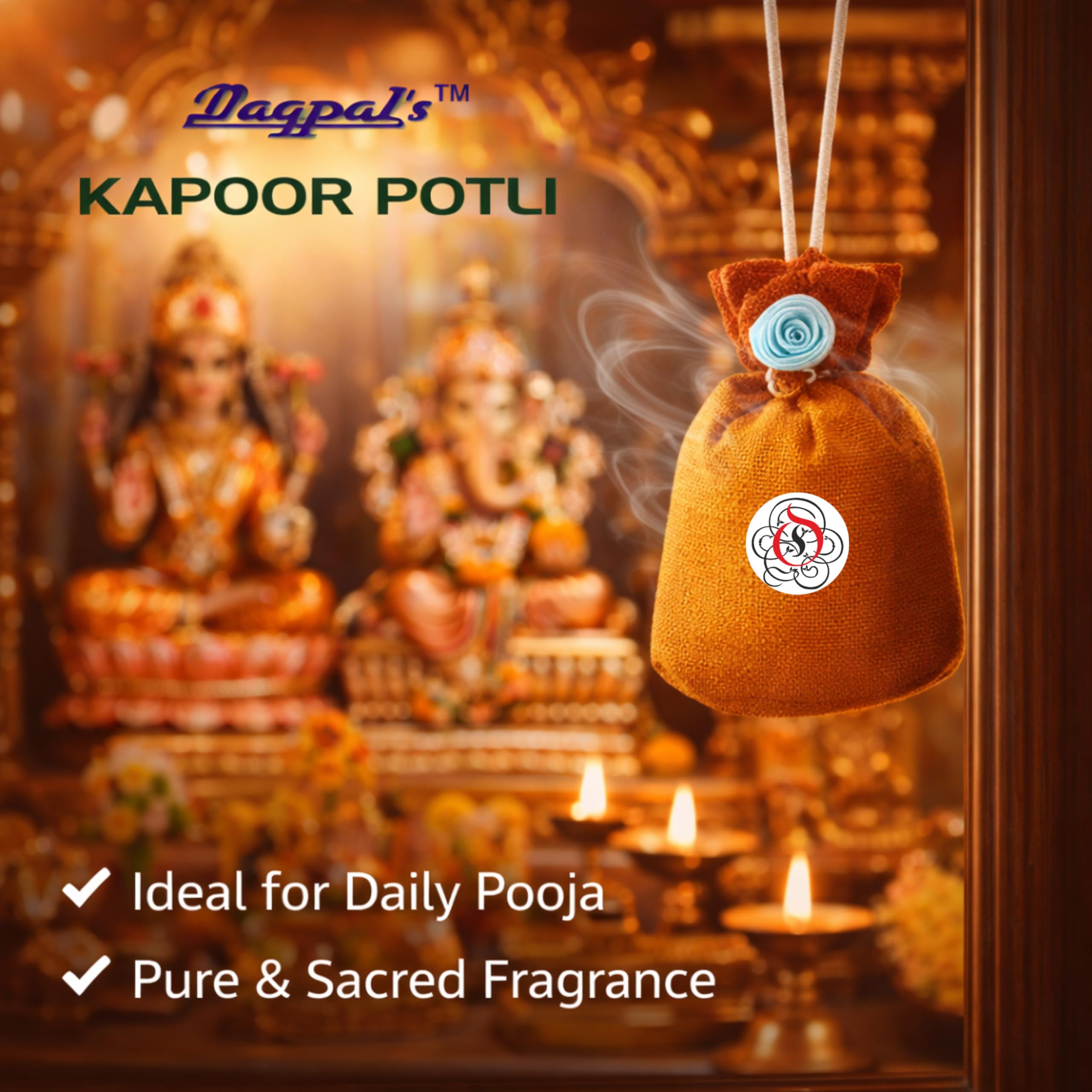 Seagulls Olivon Kapoor Potli | 100g | Pure Camphor Potli for Pooja, Car, Wardrobe & Living Room | Natural Air Freshener | Helps Repel Insects | Ready to Hang