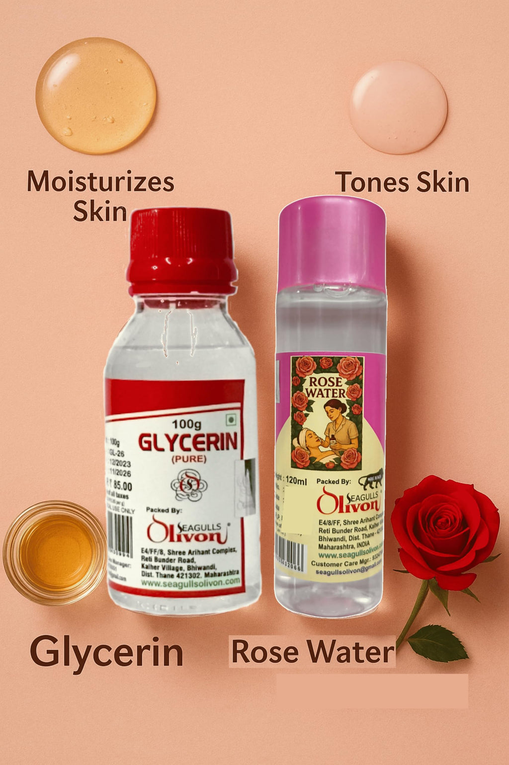 Seagulls Olivon Glycerin (100g) + Rose Water (120ml) | Natural Skin Care Combo | Moisturizing & Hydrating | For Soft, Glowing & Nourished Skin